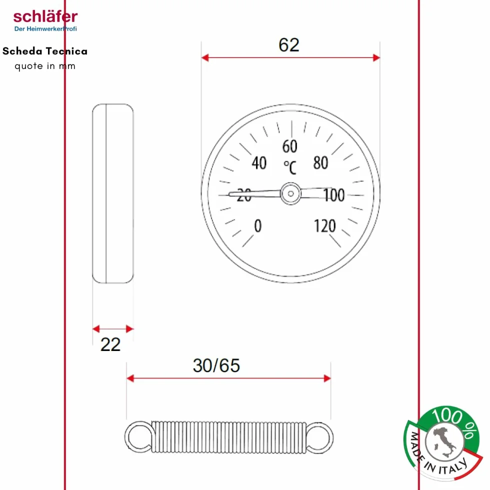 Termometro bimetallico a contatto per Tubi con clip Molla Bimetallica Acciaio Inossidabile, cassa diametro 63 mm scala 0-120 °C