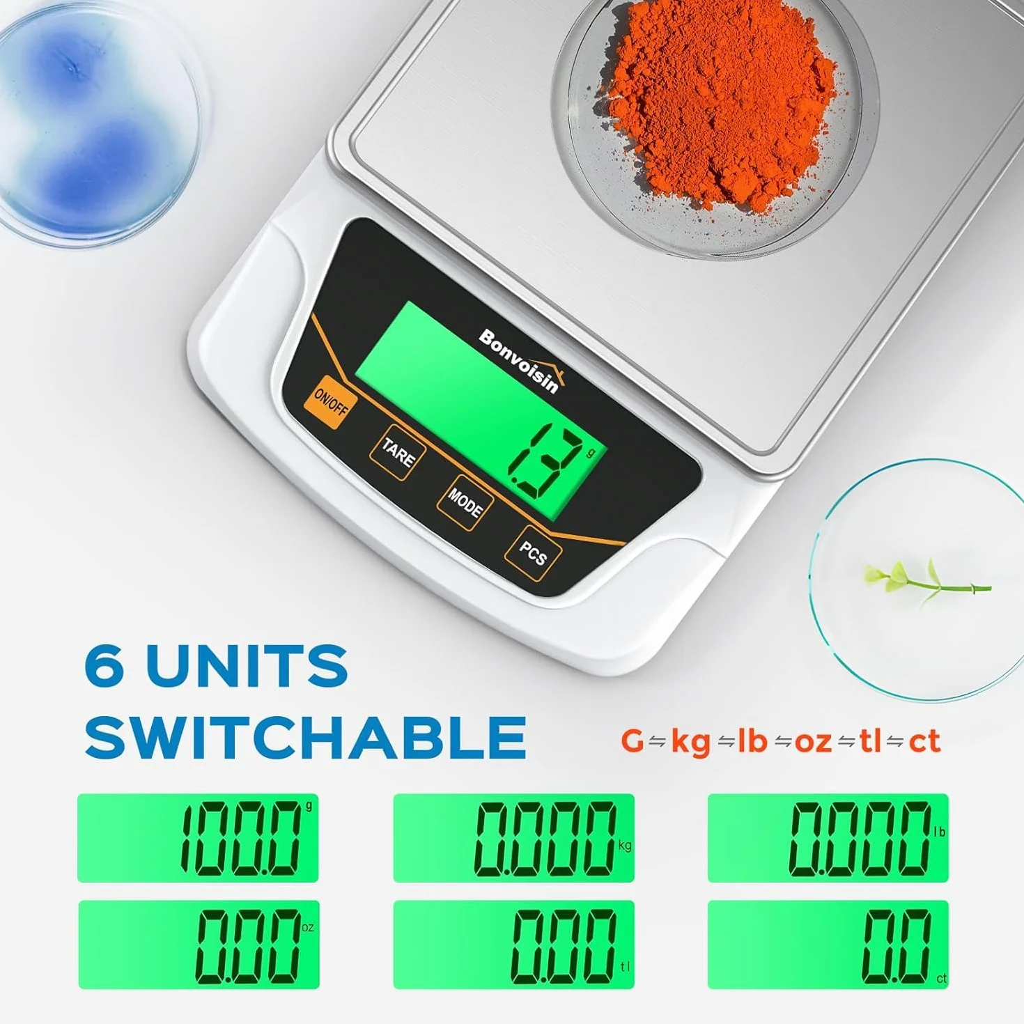 Bonvoisin Bilancia di Precisione 6000gx0.1g Digitale da Laboratorio con Piatto Acciaio Inox