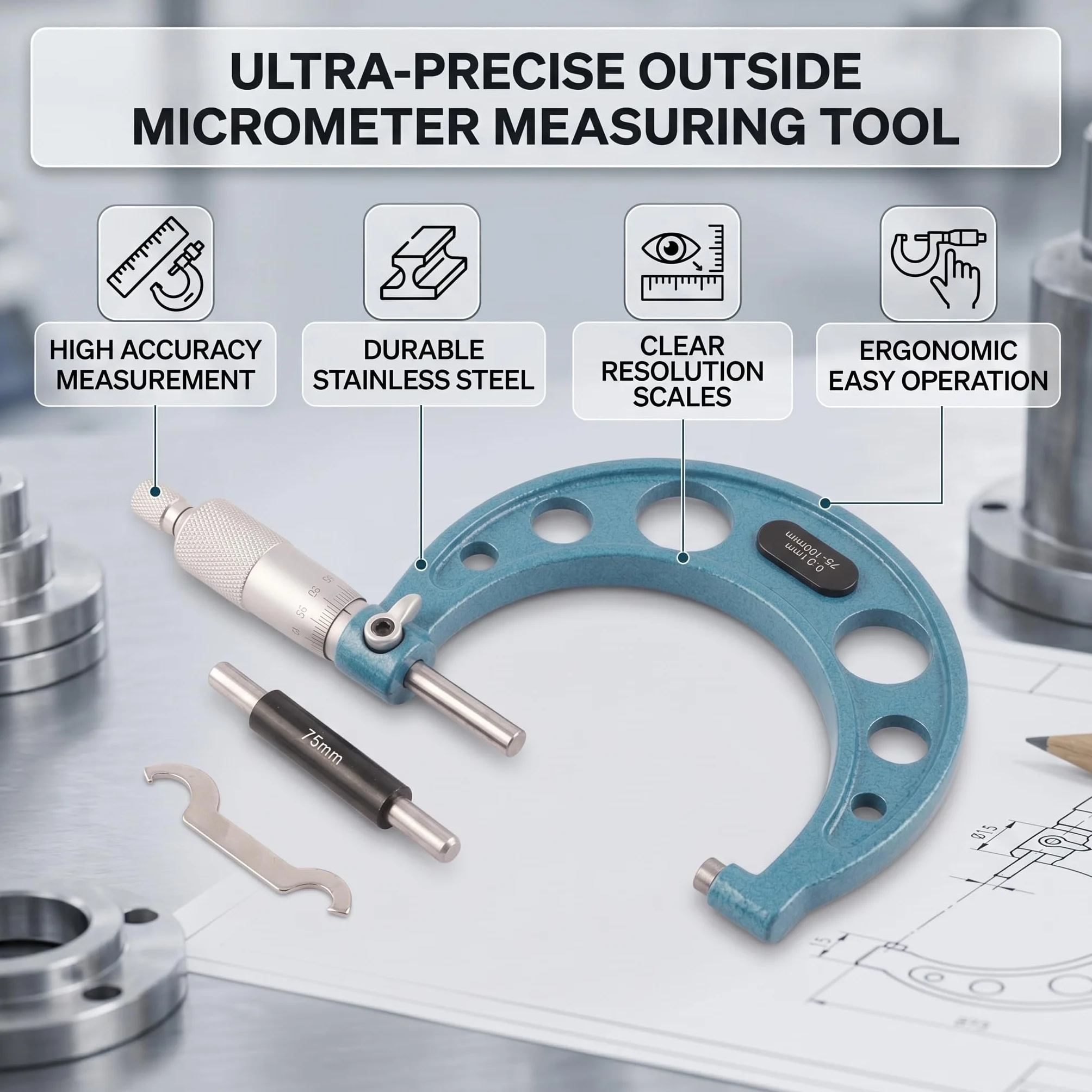 Estink Micrometro Esterno 75-100 mm 0,01 mm Acciaio Inox