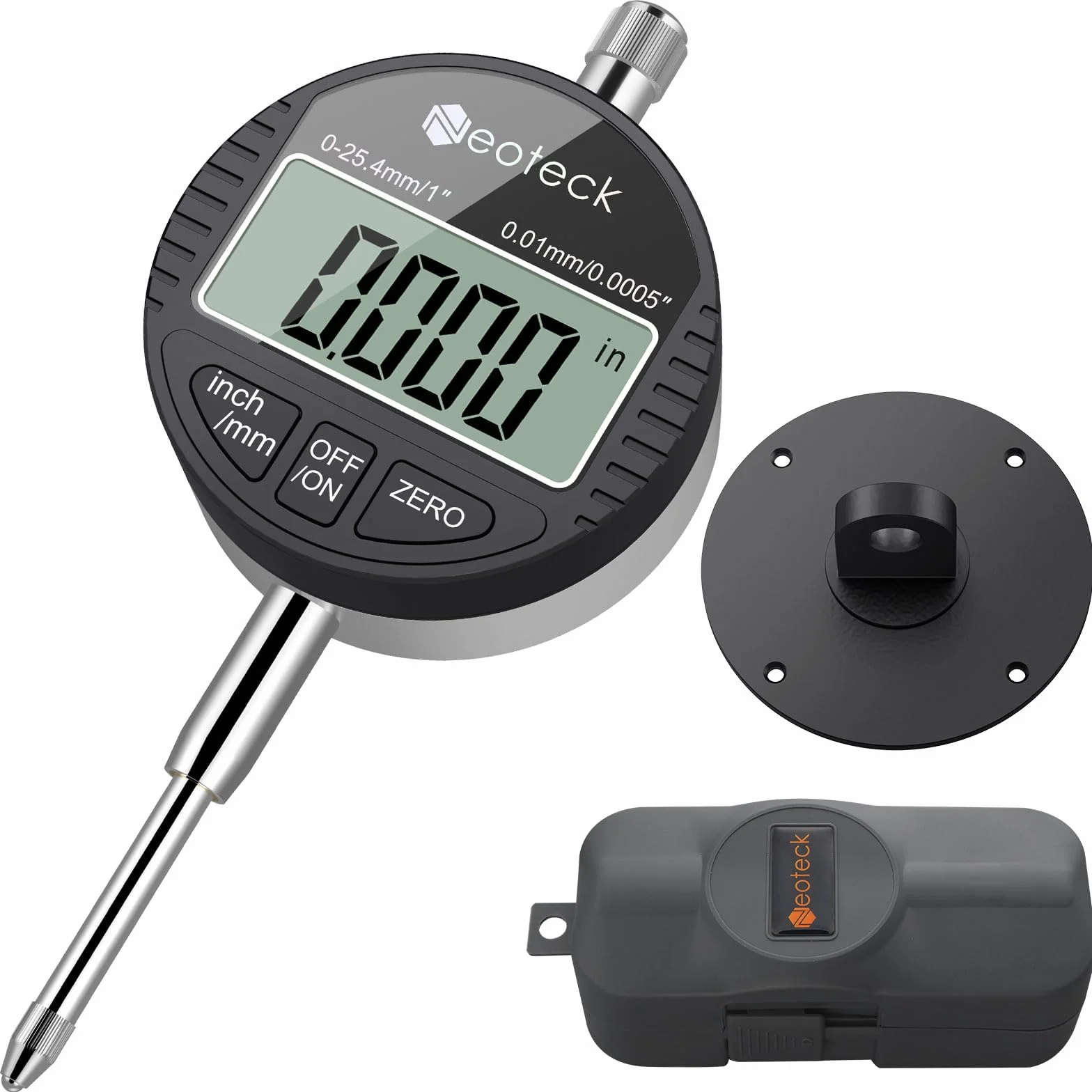 Neoteck DTI LCD Compratore Centesimale Digitale 0.01/0.0005'' Indicatore Digitale Calibro di Precisione 0-25.4mm/1'' Comparatore Elettronico Pollice/Metrica Professionale con Coperchio Posteriore