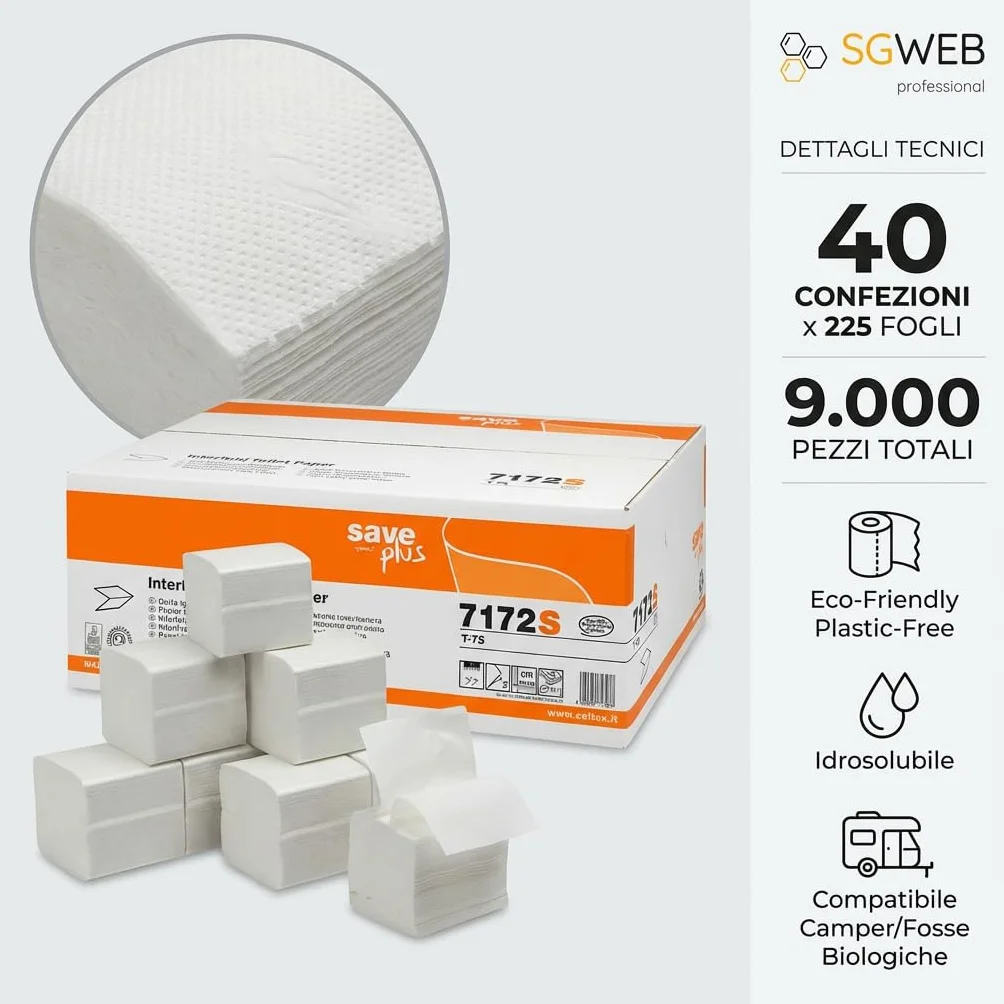 Carta Igienica Interfogliata 9000 Pezzi 2 Veli Pura Cellulosa per Dispenser Idrosolubile Eco-Friendly