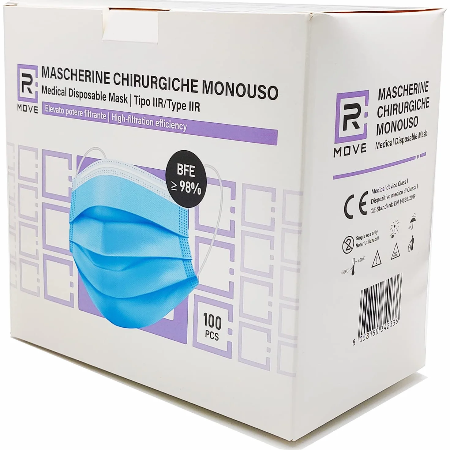 Mascherine chirurgiche IIR BFE ≥98% CE Dispositivo Medico classe I 100 pezzi confezioni richiudibili