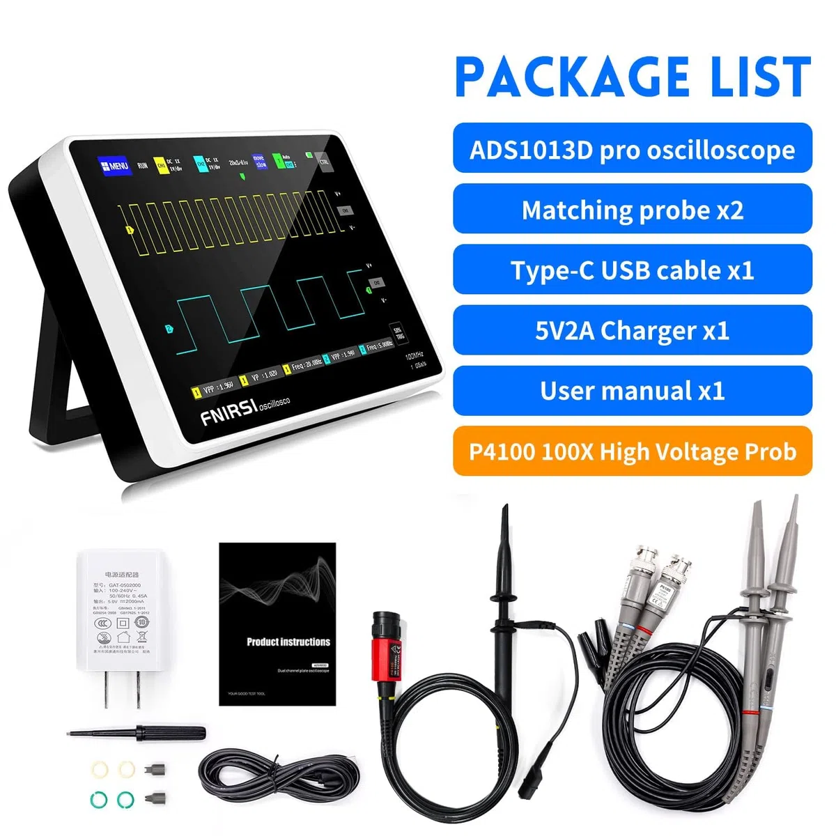 [FNRSI aggiornato 1013D Plus 100X Sonda] Oscilloscopio Tablet Digitale Portatile Oscilloscopio con 2 Canali 100Mhz Larghezza di banda 1GSa/s Frequenza di campionamento 7" TFT LCD Touch Screen 100X