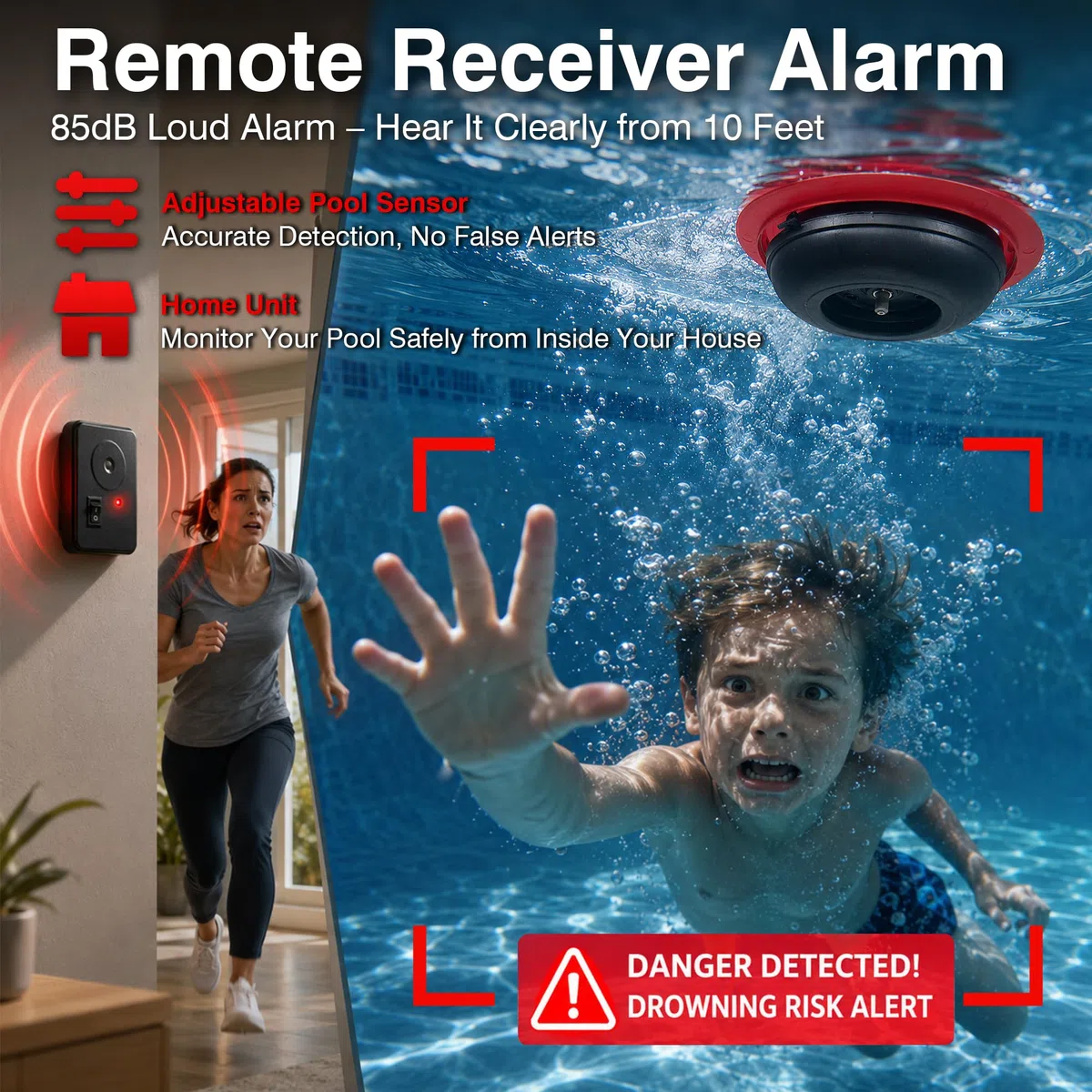 Allarme per piscina, allarme di sicurezza per piscine interrate e fuori terra, sensibilità regolabile, allarme 85 dB+, protezione per bambini e animali domestici (rosso)