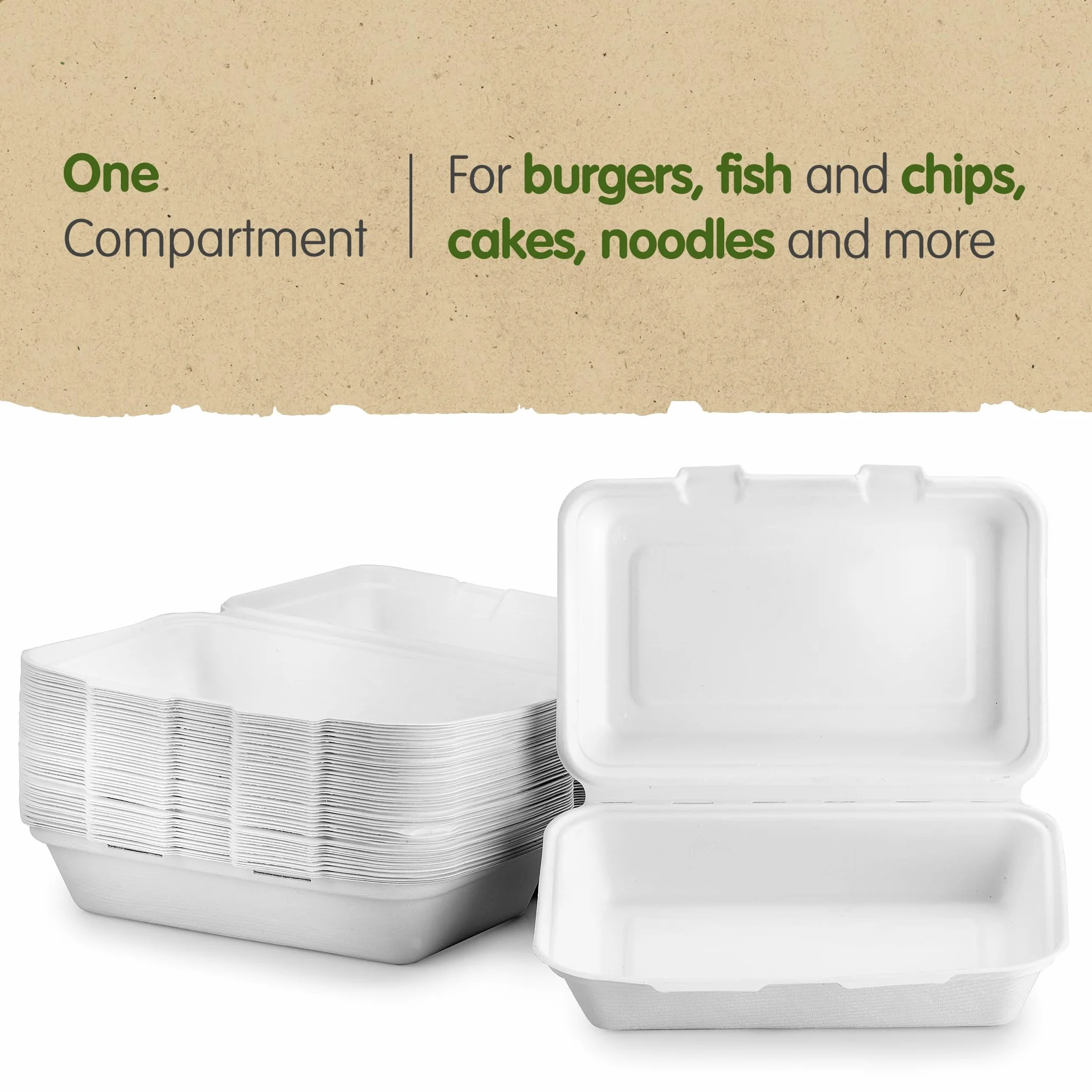 Bagasse Box da asporto scomparto 165 x 240 x 80 mm Set da 50 biodegradabile compostabile riciclabile