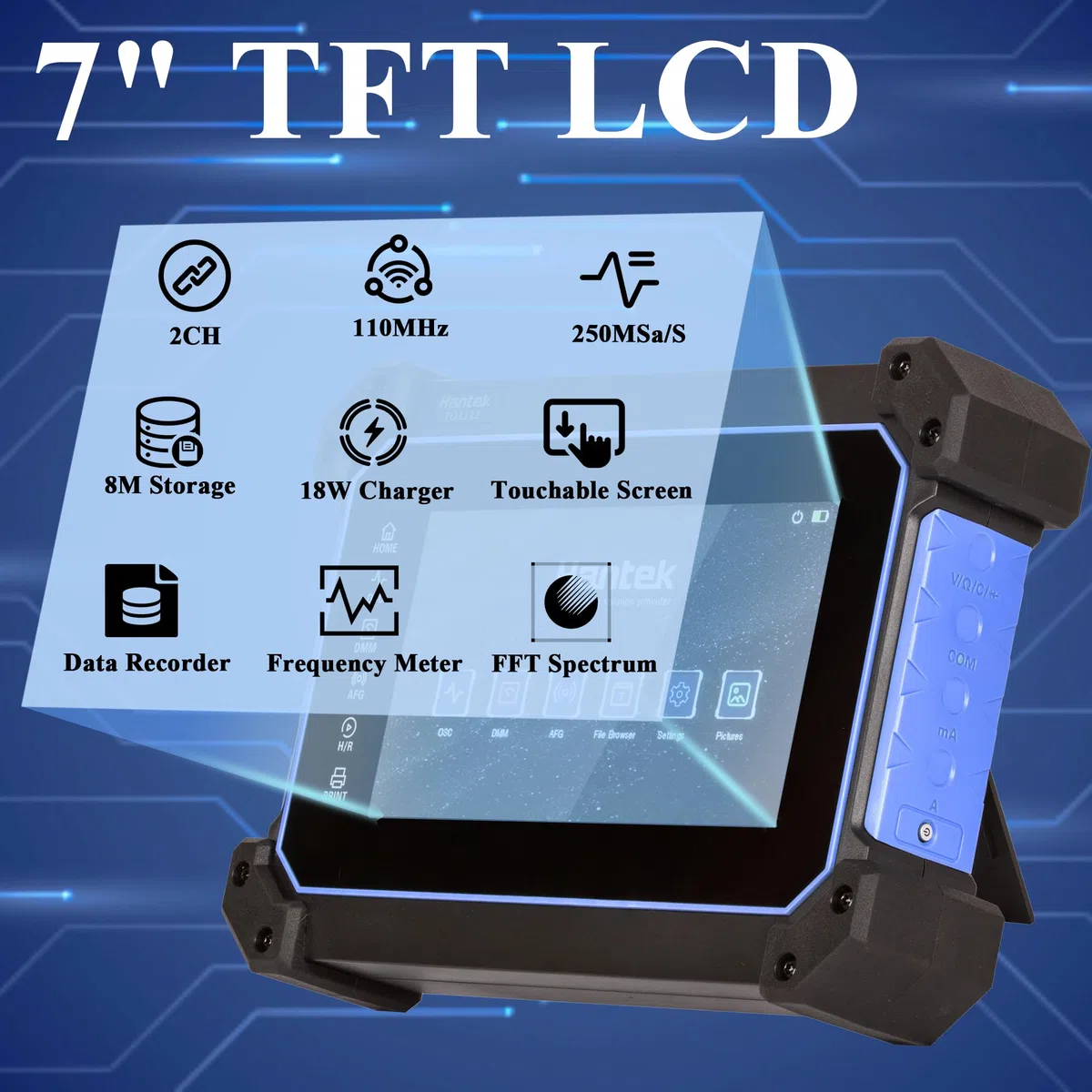 Hantek Oscilloscopio per tablet, 110 MHz, larghezza di banda 250 MSa/S, 8 m, profondità di archiviazione con touch screen da 7 pollici (TO1112/110 MHz+2 canali)