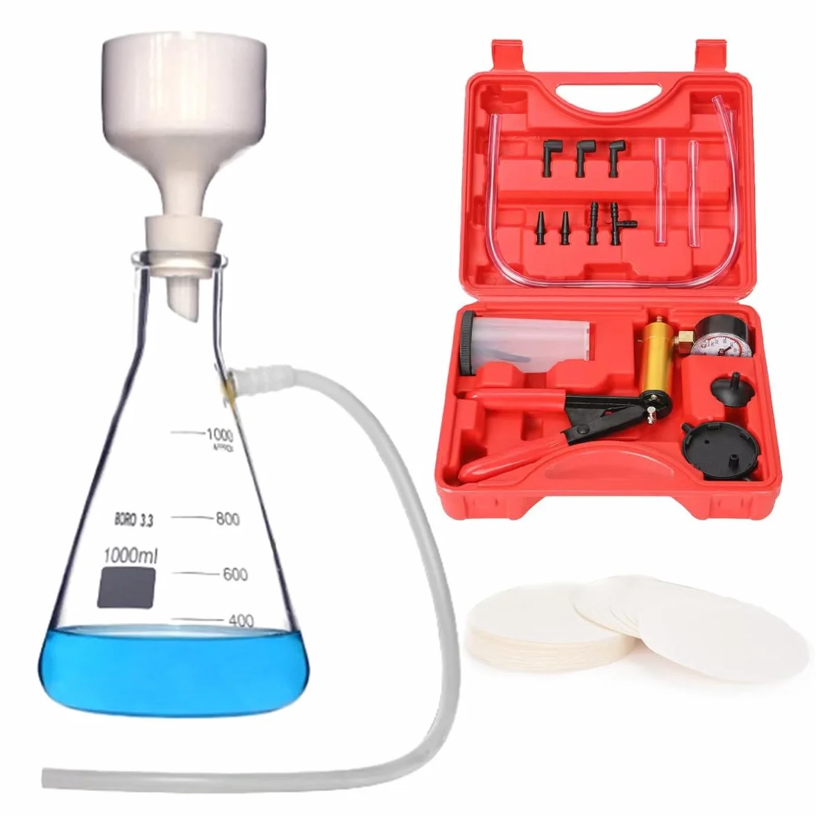 Apparecchio di distillazione per filtrazione a vuoto da 500 ml con pompa di filtrazione a vuoto, fiasco filtrante, imbuto Buchner, carte filtranti, tubo di gomma e tappo (500ML)