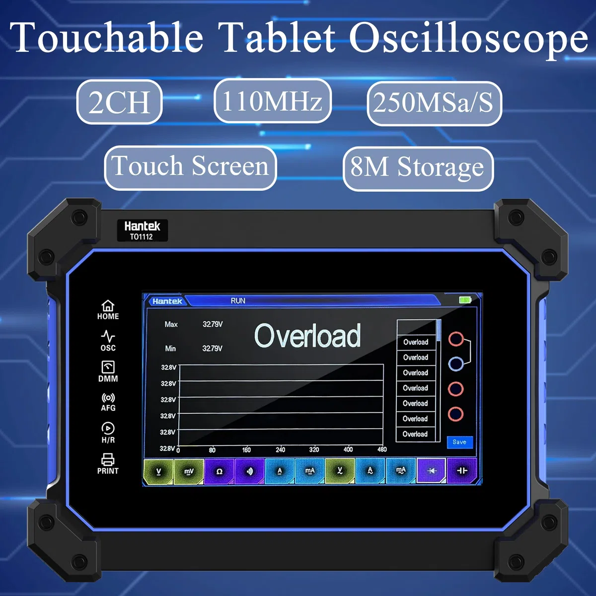 Hantek Oscilloscopio per tablet, 110 MHz, larghezza di banda 250 MSa/S, 8 m, profondità di archiviazione con touch screen da 7 pollici (TO1112/110 MHz+2 canali)