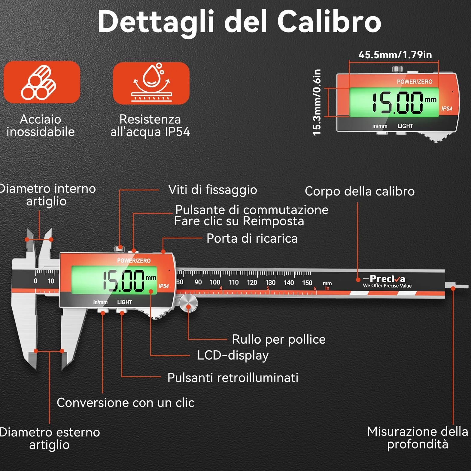 Preciva Calibro Digitale, Precisione Micrometro in Acciaio Inox con LCD Schermo Grande, Calibro Analogico Ricaricabile per Misurzione Esterna, Interna, Profondità e di Passo
