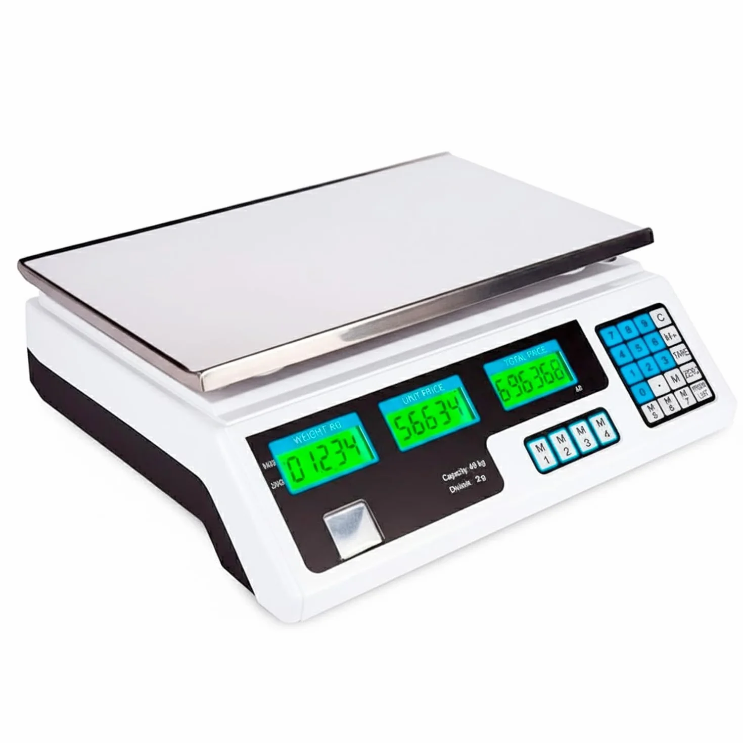 Bilancia Elettronica Digitale Professionale 40 kg Acciaio Inox Precisione 2 g Triplo Display Tara Zero Memorie Prezzo Elettrica Batteria 34 x 33 x 11.3 cm Nero