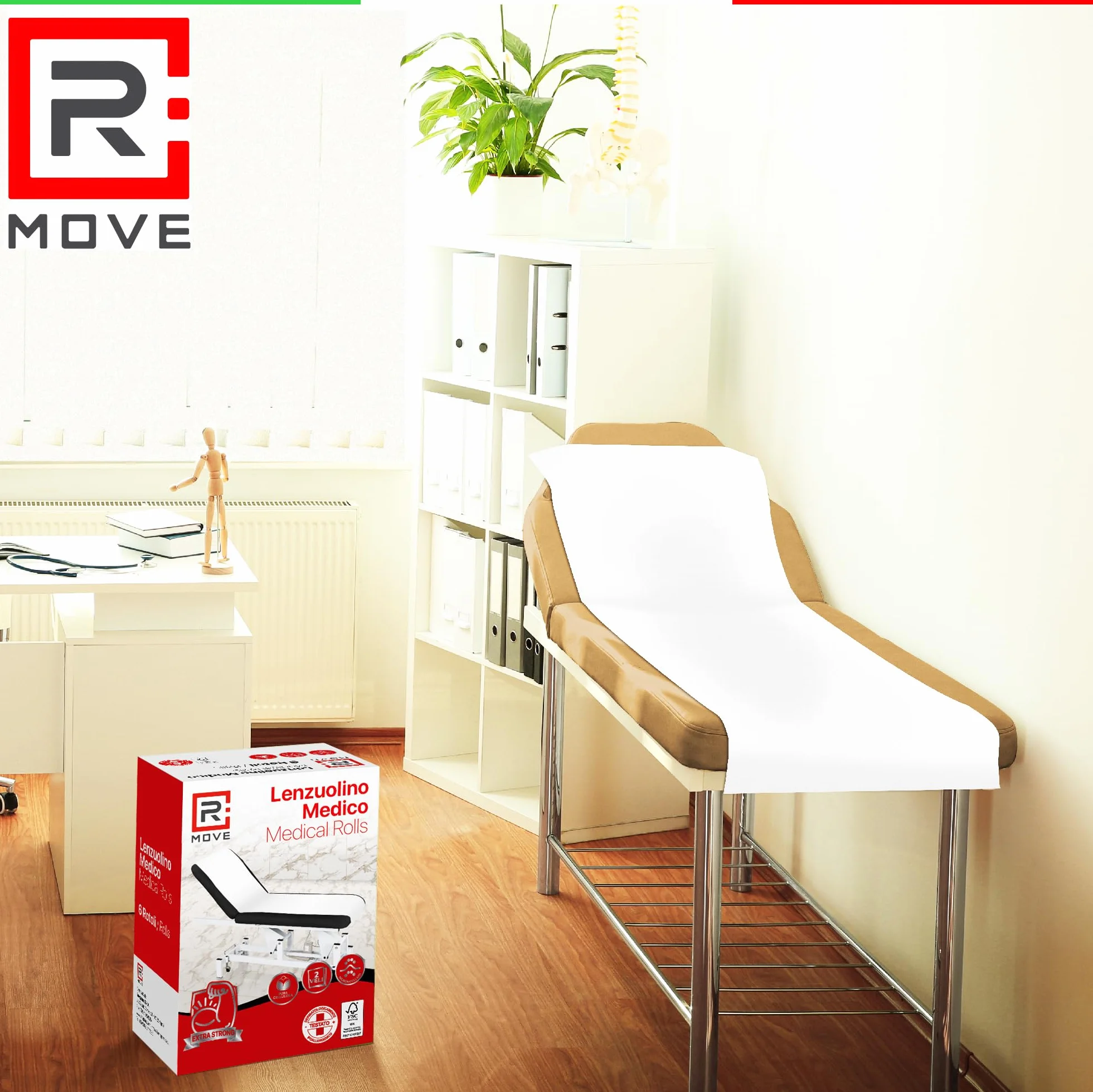 R MOVE 6 Rotoli carta lettino massaggio 60 cm, lenzuolino medico 2 veli pura cellulosa, rotoli per estetista