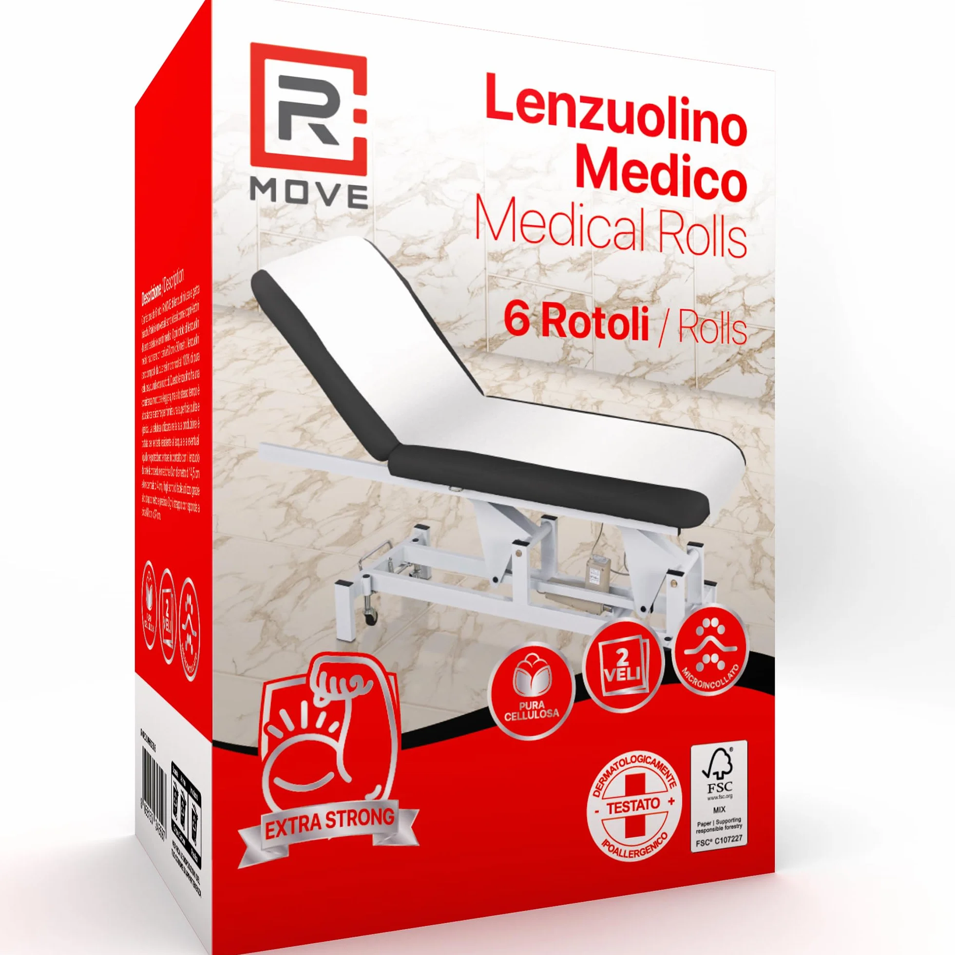 R MOVE 6 Rotoli carta lettino massaggio 60 cm, lenzuolino medico 2 veli pura cellulosa, rotoli per estetista