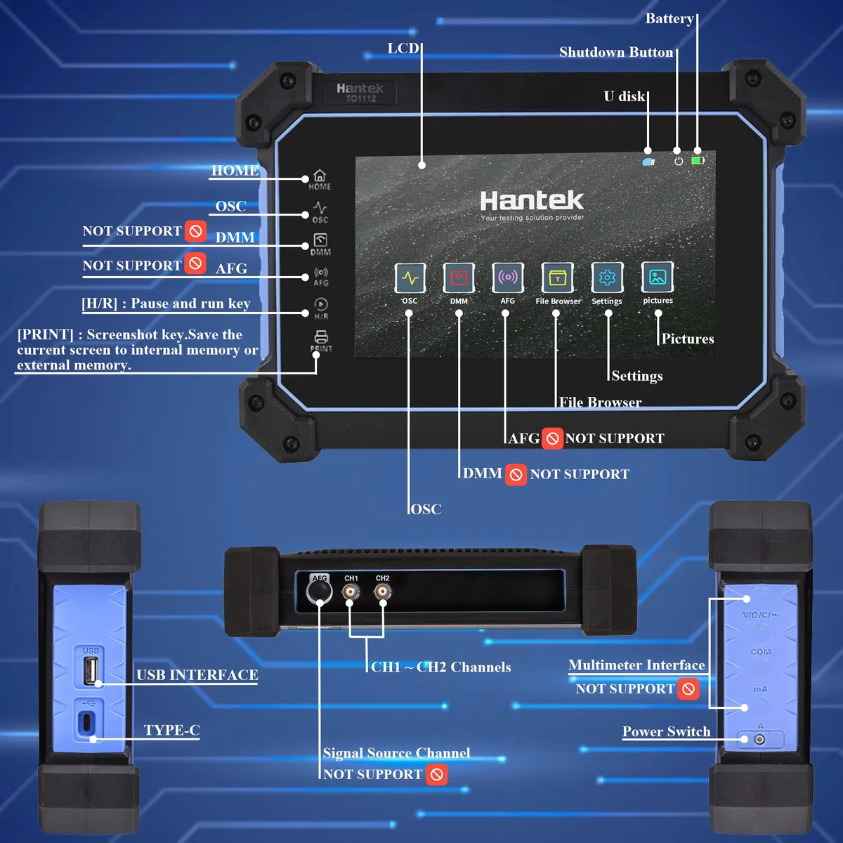 Hantek Oscilloscopio per tablet, 110 MHz, larghezza di banda 250 MSa/S, 8 m, profondità di archiviazione con touch screen da 7 pollici (TO1112/110 MHz+2 canali)