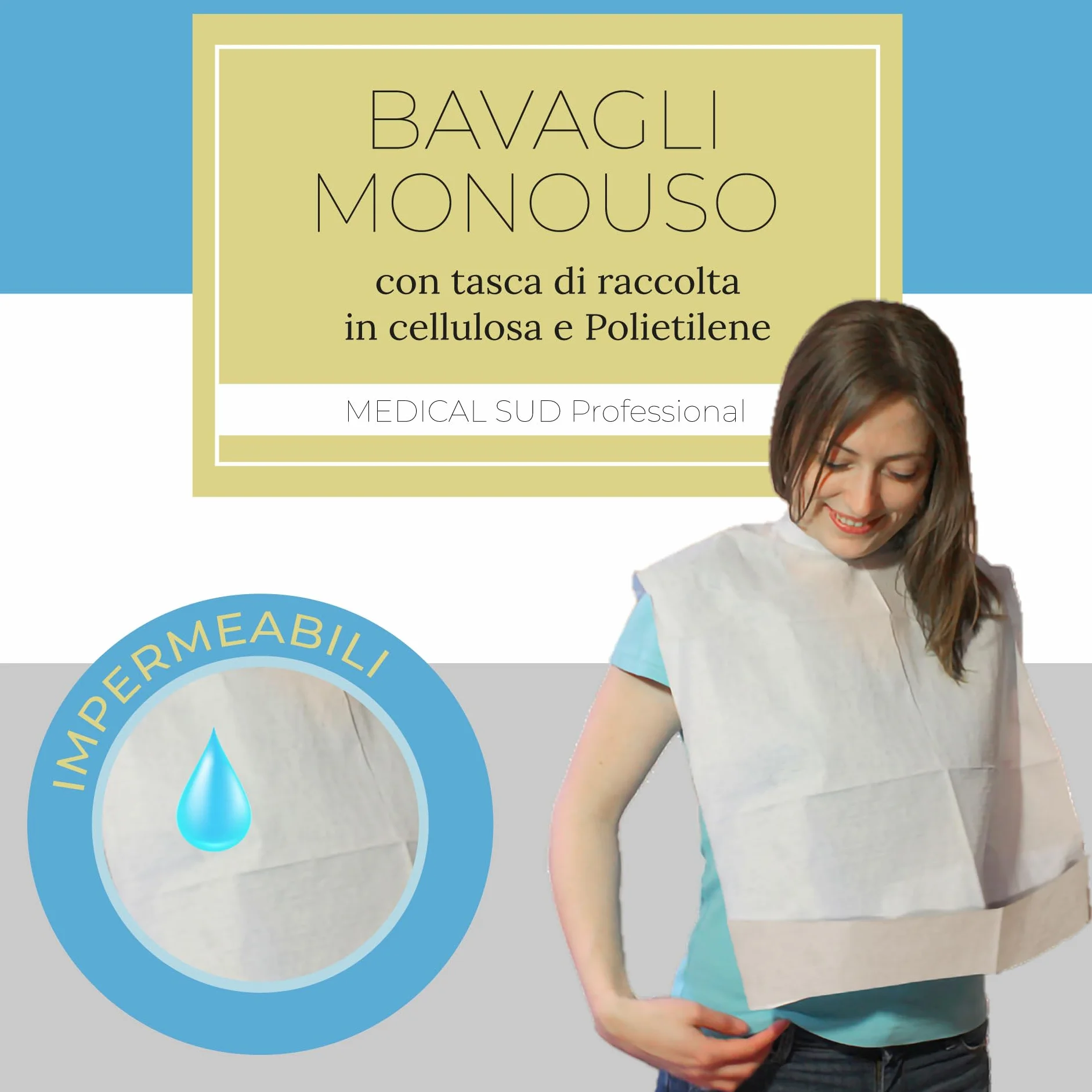 MEDICAL SUD PROFESSIONAL Bavagli Monouso Per Adulti In Cellulosa E Polietilene Con Tasca Di Raccolta Assorbenti e Impermeabili Made In Italy
