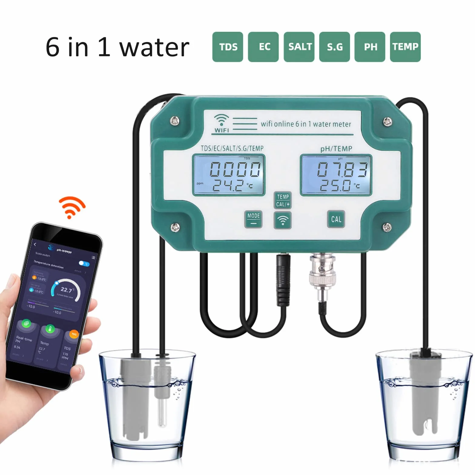 Misuratore di Qualità Dell'acqua Ad Alta Precisione 6 in 1 PH TDS EC SG Tester di Temperatura del Sale Connessione WiFi Rilevatore di Qualità Dell'acqua per Acqua Potabile(Spina UE)