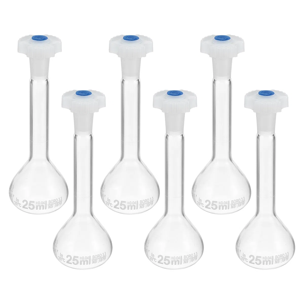 PATIKIL Matraccio Tarato 25ml Matraccio Graduato 6pz 3.3 Vetro Borosilicato Graduato Volumetrico Misura Flacone con Spina Tappo Tolleranza 0.04ml per Laboratorio Esperimento Trasparente
