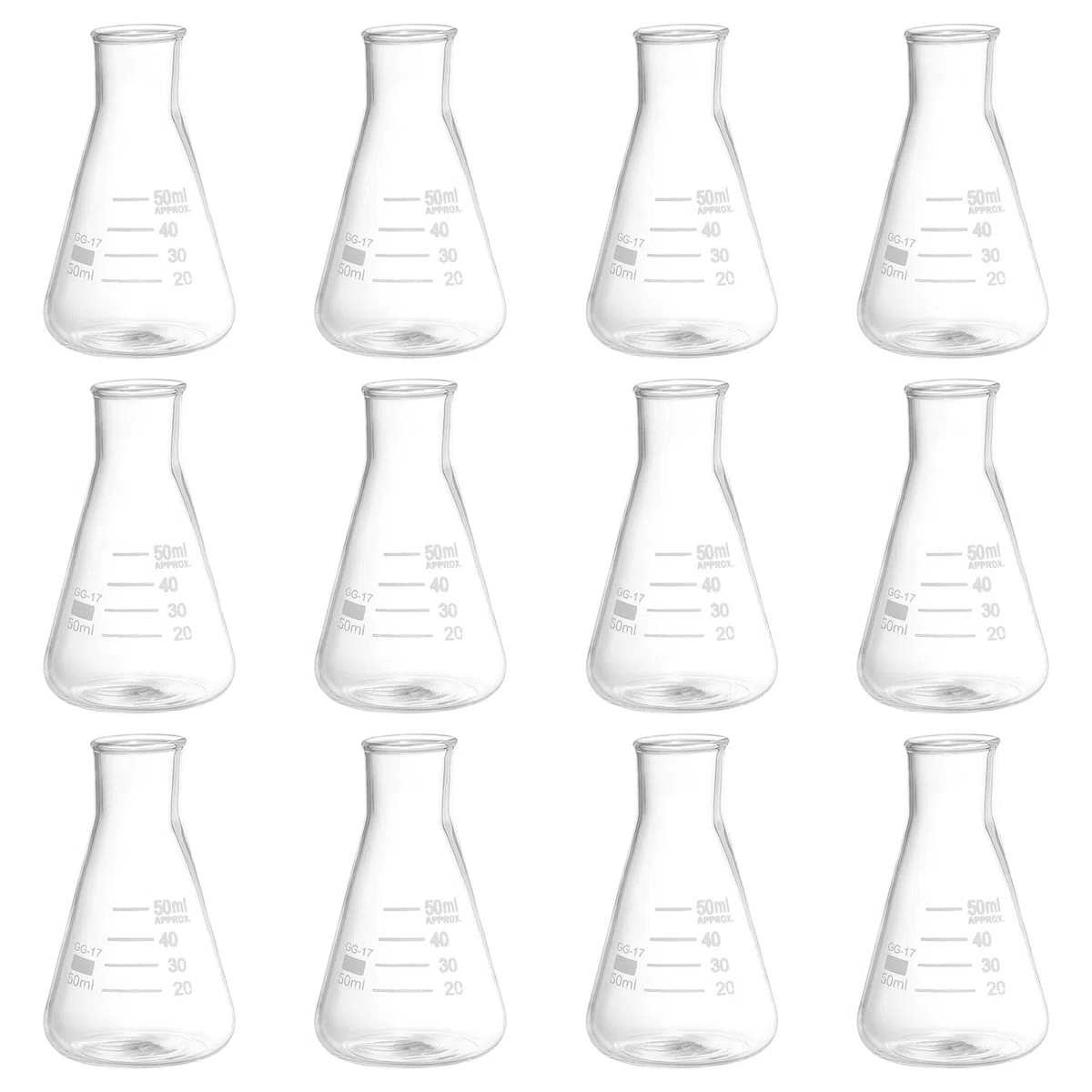 PATIKIL Ampolla Erlenmeyer, 12pz 50ml Ampolle a Bocca Stretta in Vetro Borosilicato con Graduazione Stampata per Laboratorio, Sperimentazione, Chimica, Studio Scientifico