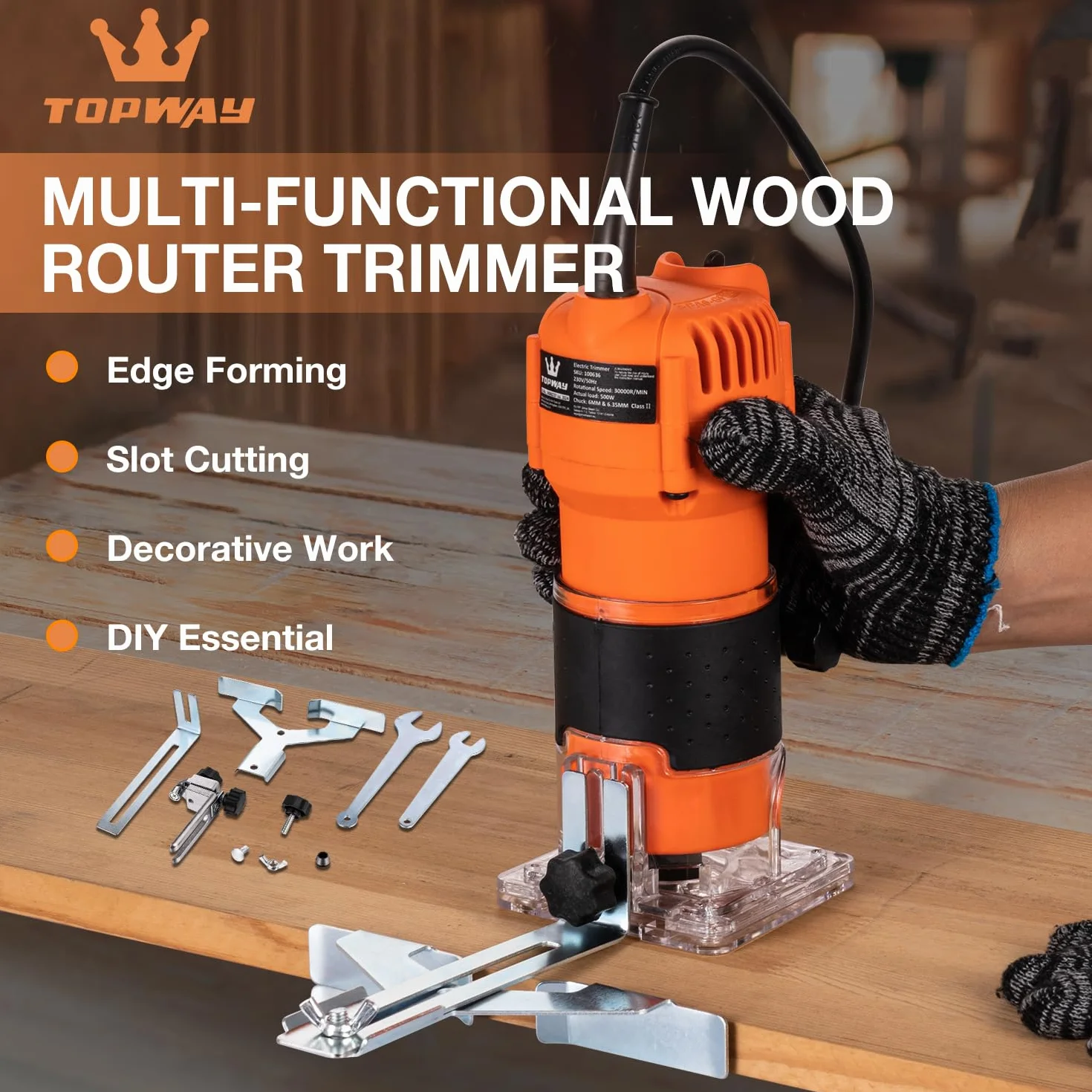 TOPWAY Rifilatore Manuale Elettrico per Legno 500W, Compatto, 2 Mandrini 1/4" e 6mm, Base per Rifilatura, per Lavori di Fai-da-Te (Budget) 100636