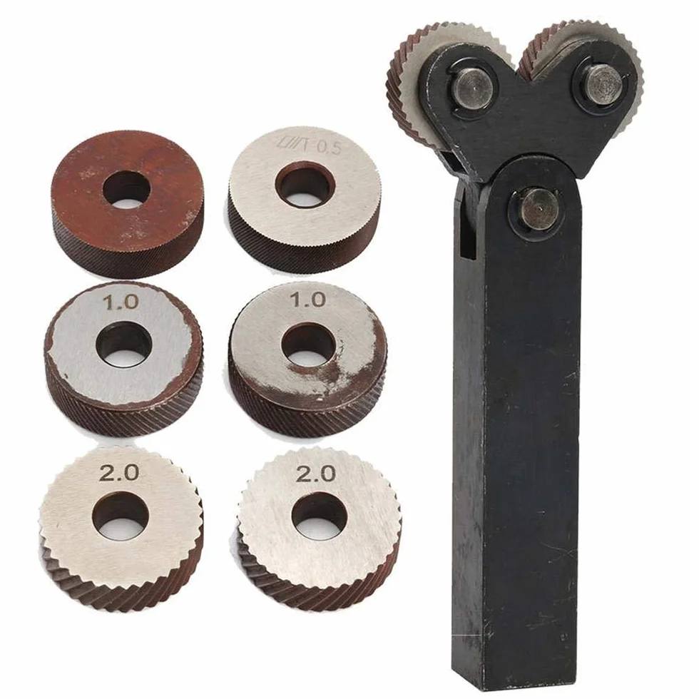 Set di 7 utensili per zigrinatura a doppia ruota in acciaio con ruota da 0,5 mm, 1 mm, 2 mm, passo lineare, kit zigrinatura per tornio