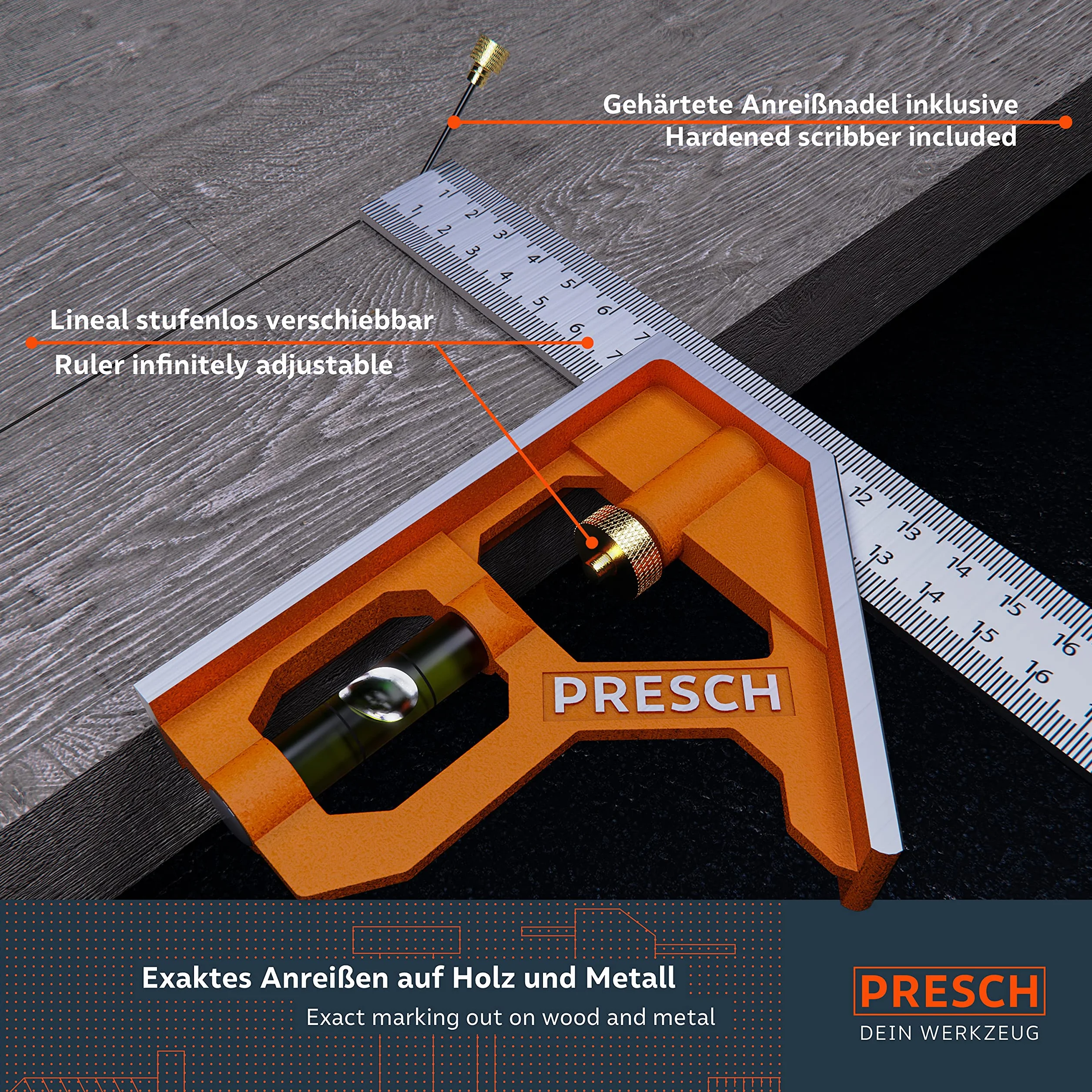 Presch Squadra Combinata 300mm - Metrica - Squadra Universale da Falegname Precisa e Maneggevole, in Metallo, con Riga di Riscontro e Tracciatore - Strumento di Misura Professionale