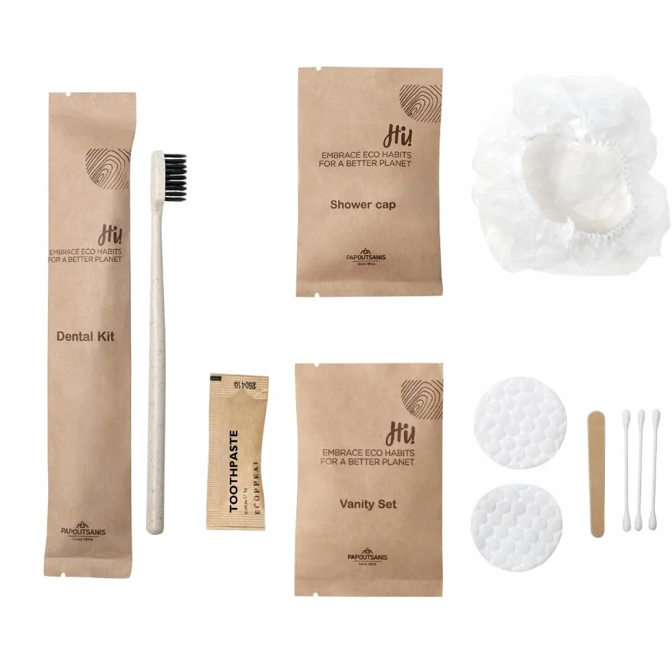 Set cortesia bagno all'olio di oliva completo di shampoo, bagnoschiuma, igiene intima, set spazzolino e dentifricio, cuffia doccia, set cosmetico. Confezioni da 10, 100 o 200 Kit cortesia bnb (10)