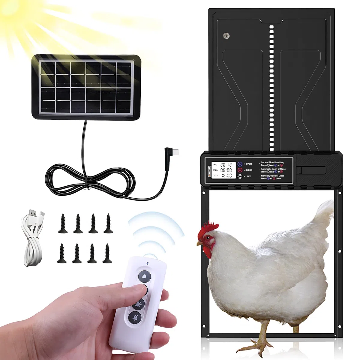 Porta pollaio automatica a energia solare con alzata temporizzata antipiega elettrica impermeabile con telecomando 33 cm x 24,5 cm, nero