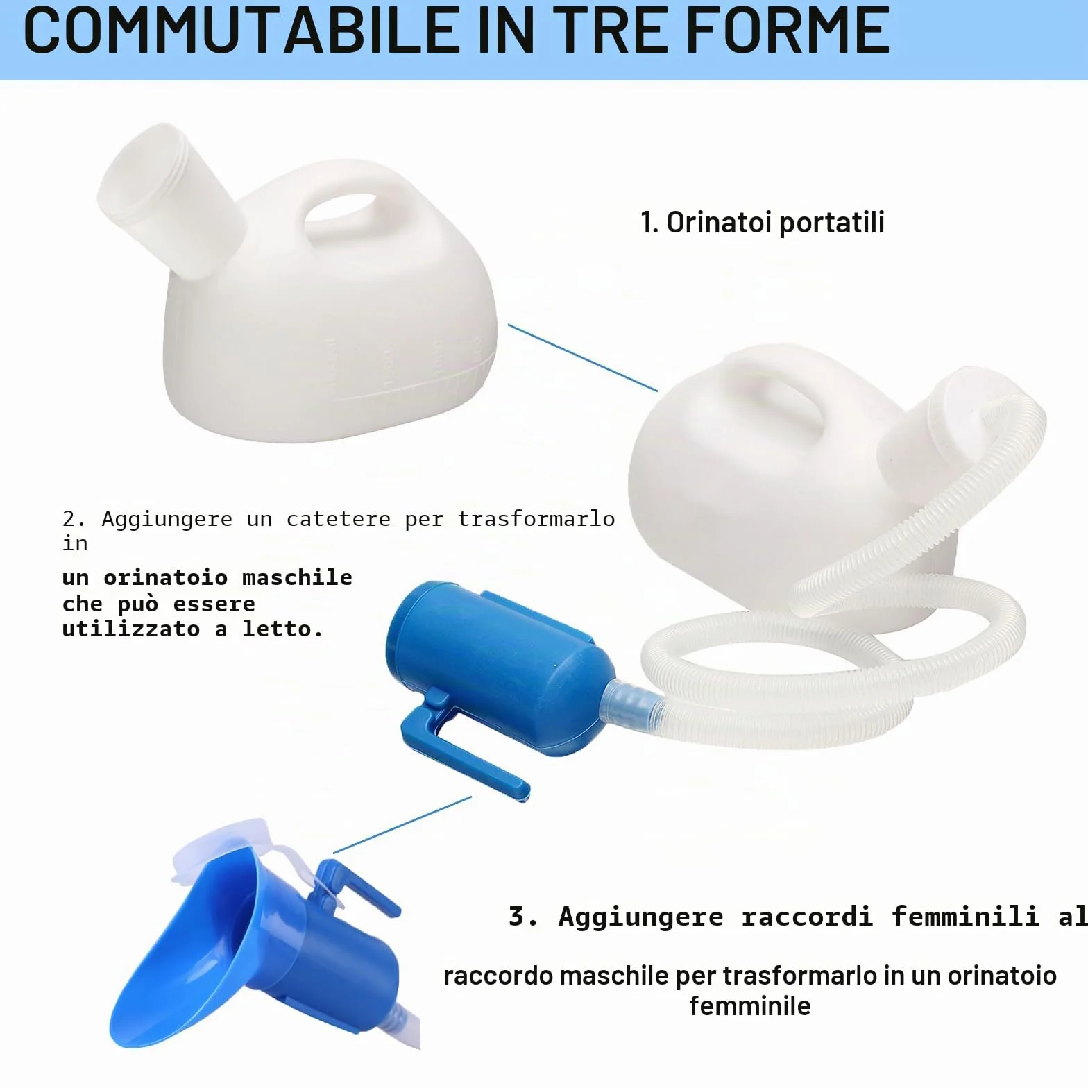 Orinatoio Portatile 2000ml con Tappo a Vite e Tubo Spazzola per Auto, Anziani, Bianco