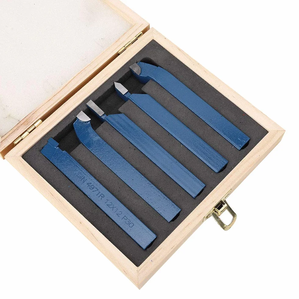 Set utensili per tornio 5pezzi, utensili per tornitura con testa saldatura metallo duro Assemblaggio utensili macchine utensili Inserti tornitura tornio industriale(12x12mm)