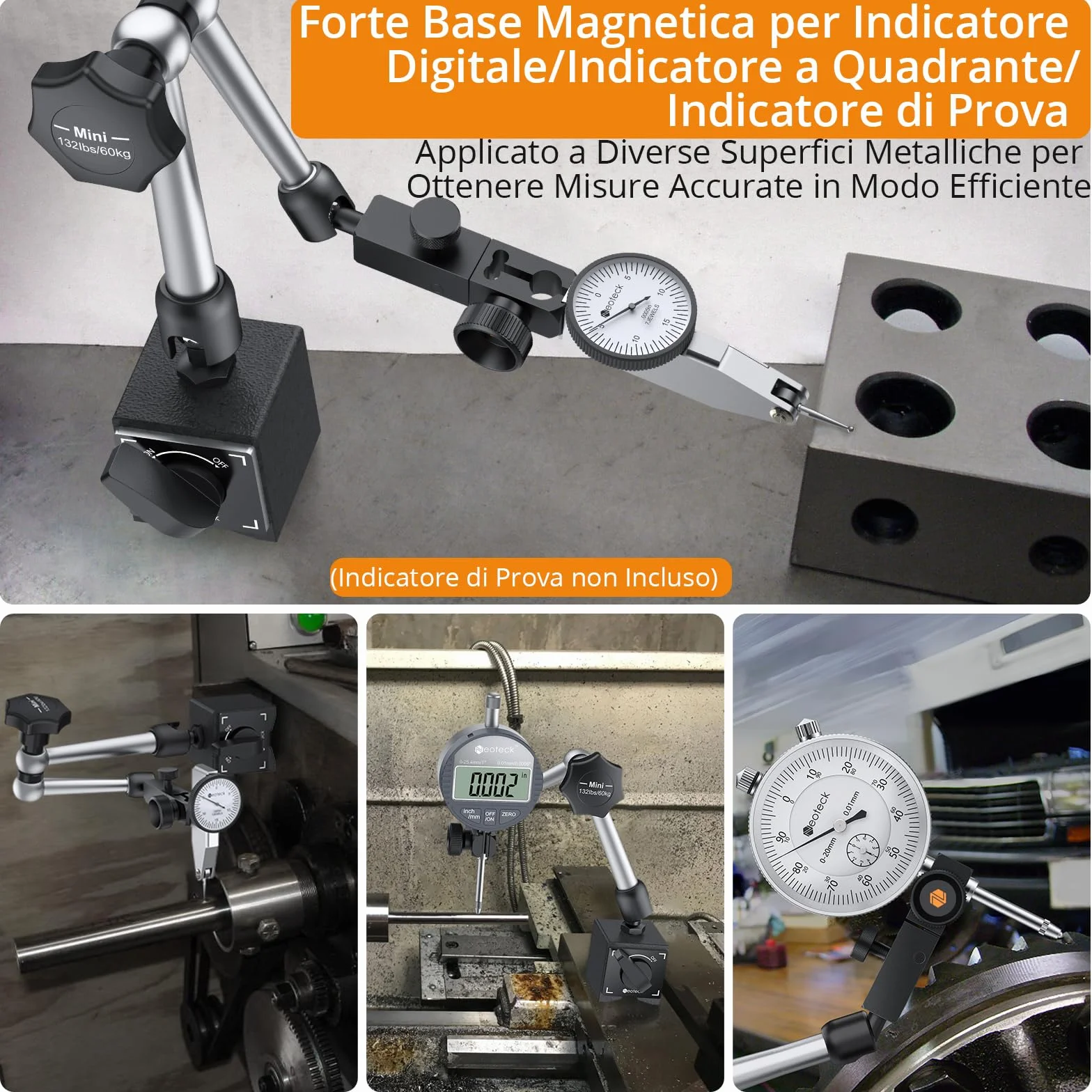Neoteck Base Magnetica per Comparator 132lbs/60 kg con 8mm Foro per Indicator Magnetico Base Supporto Del Basamento 3 Braccio Regolabili con ON/OFF Interruttore per Indicatore di Comparatore