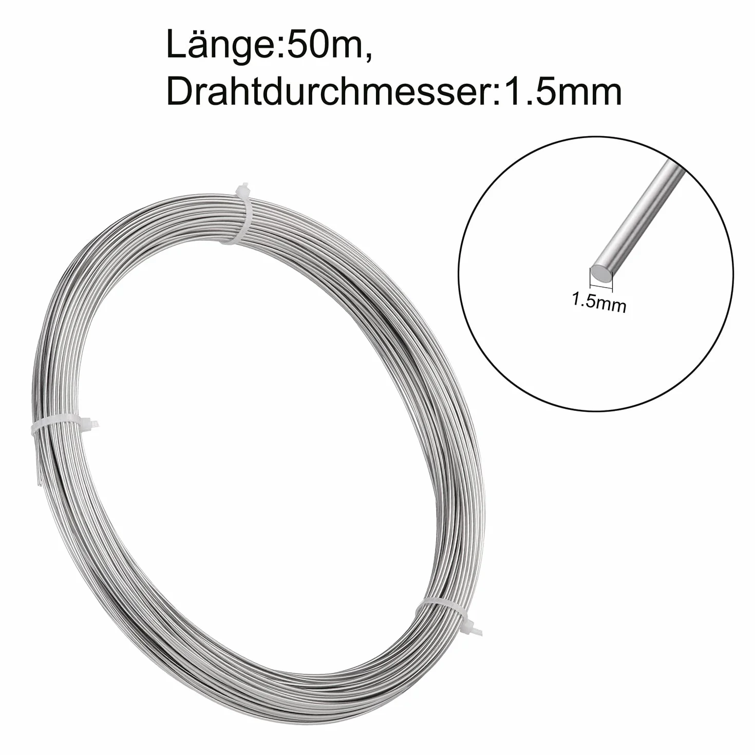 Filo in acciaio inox 304 da 50 m, filo in acciaio inox 304, Ø 1,5 mm, argento acciaio inox, filo duro, filo dritto, filo per fai da te, cablaggio da giardino