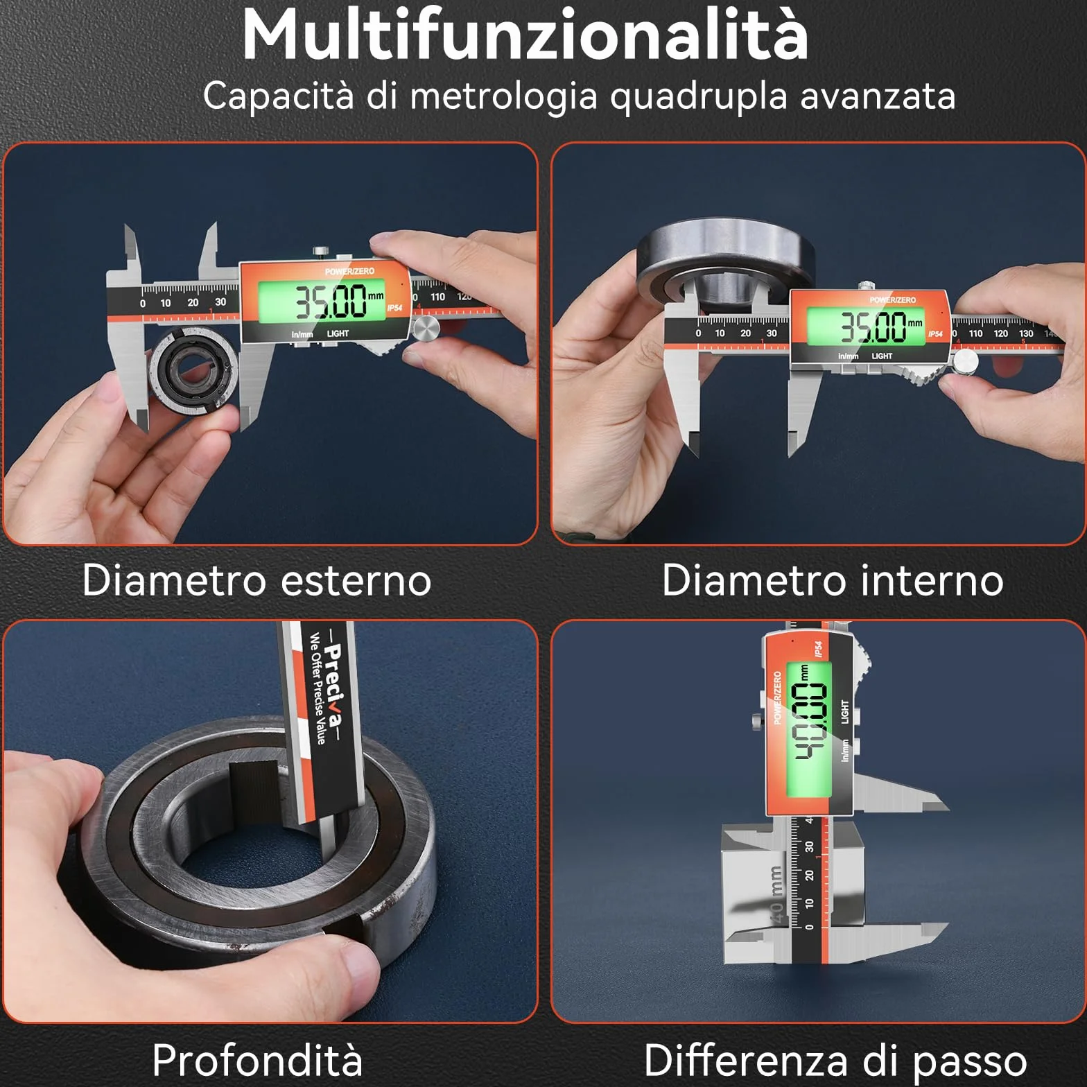 Preciva Calibro Digitale, Precisione Micrometro in Acciaio Inox con LCD Schermo Grande, Calibro Analogico Ricaricabile per Misurzione Esterna, Interna, Profondità e di Passo