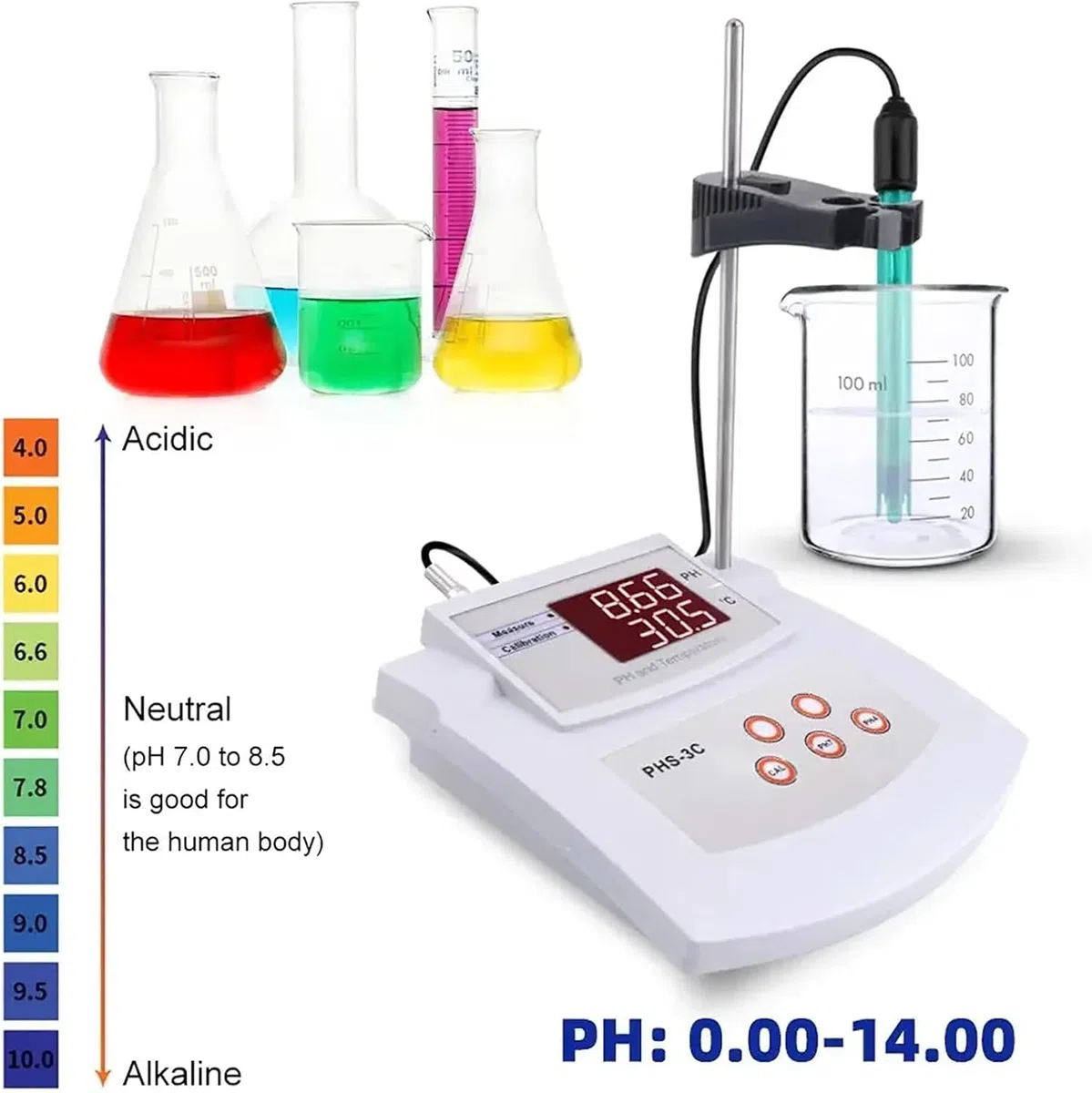 Misuratore di pH da laboratorio da tavolo, tester di acidità e alcalinità da laboratorio, campo di misurazione 0-14 pH, precisione ± 0,01 pH, calibrazione automatica a 2 punti, per acquario