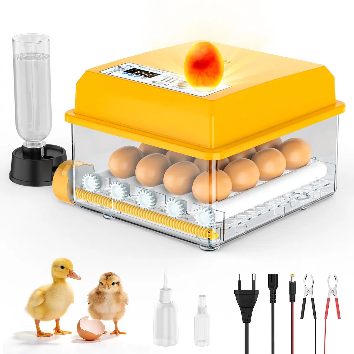 Incubatrice per Uova Automatica per 16-120 Uova, Incubatore con Rotazione Automatica e Aggiunta d'Acqua, 12V/220V Dual con Display LED, Controllo Temperatura e Sperauova per Gallina, Quaglia