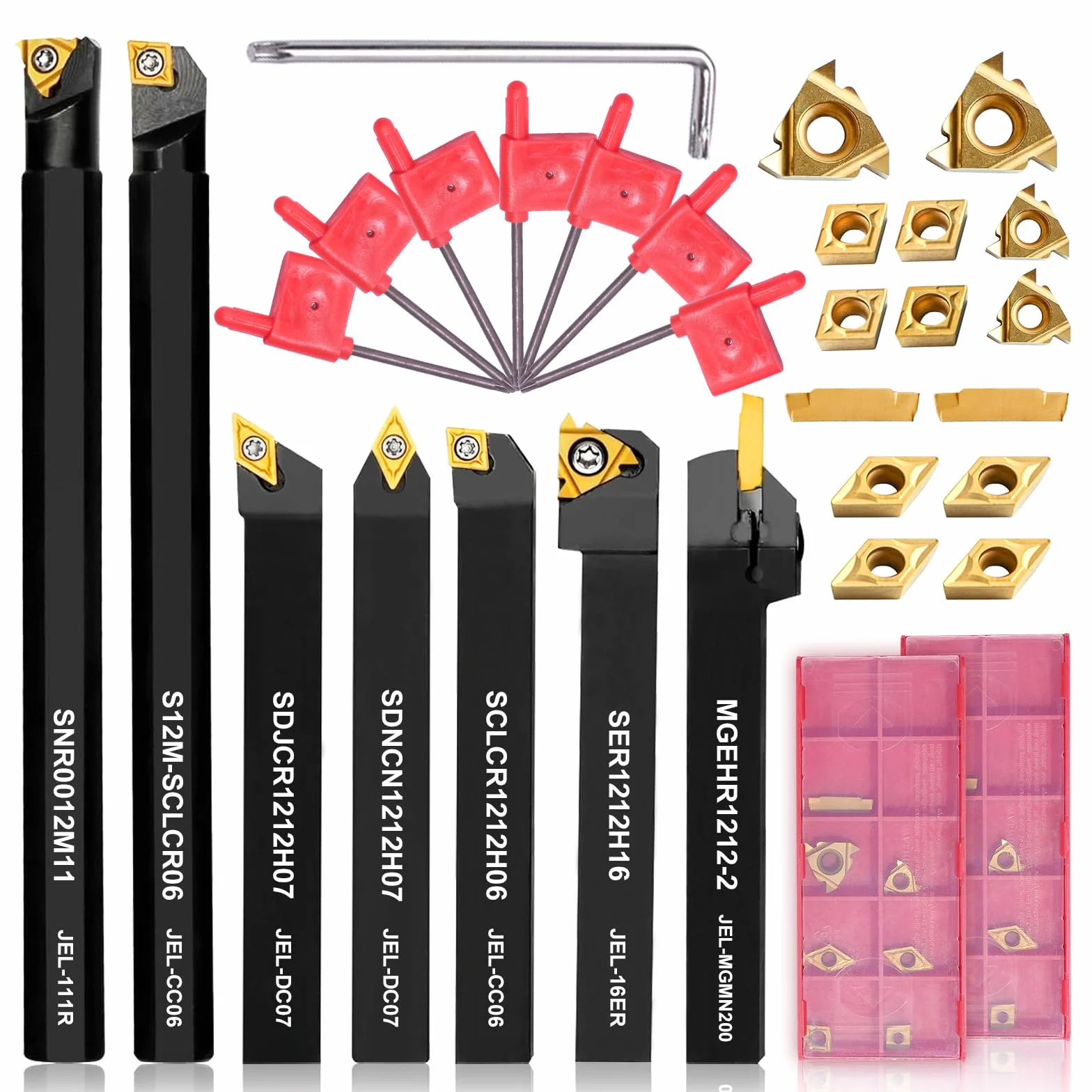 28 Pezzi Utensili Tornio per Metallo 12mm Multifunzione Duro Inserti Titolari Bar Alesatore con Chiavi per Supporto dell'Utensile con Inserti in Carburo Lama (7+2)