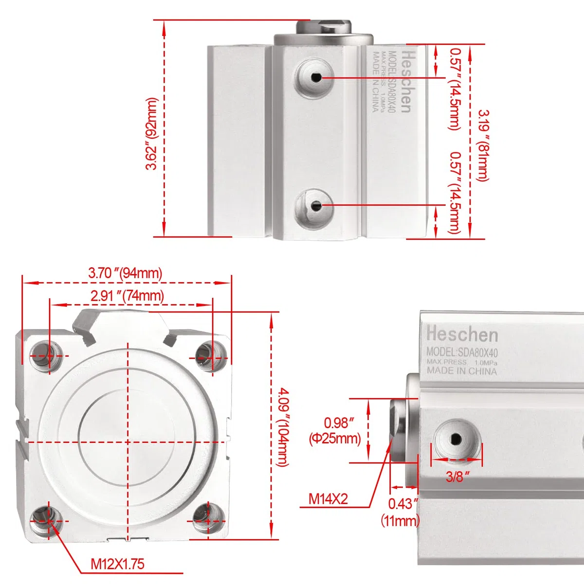 Heschen Alluminio Pneumatico Compatto Cilindro dell' Aria SDA 80 – 40 Alesaggio: 80 mm; Corsa: 40 mm 3/8 PT Port Dimensioni Doppio Effetto