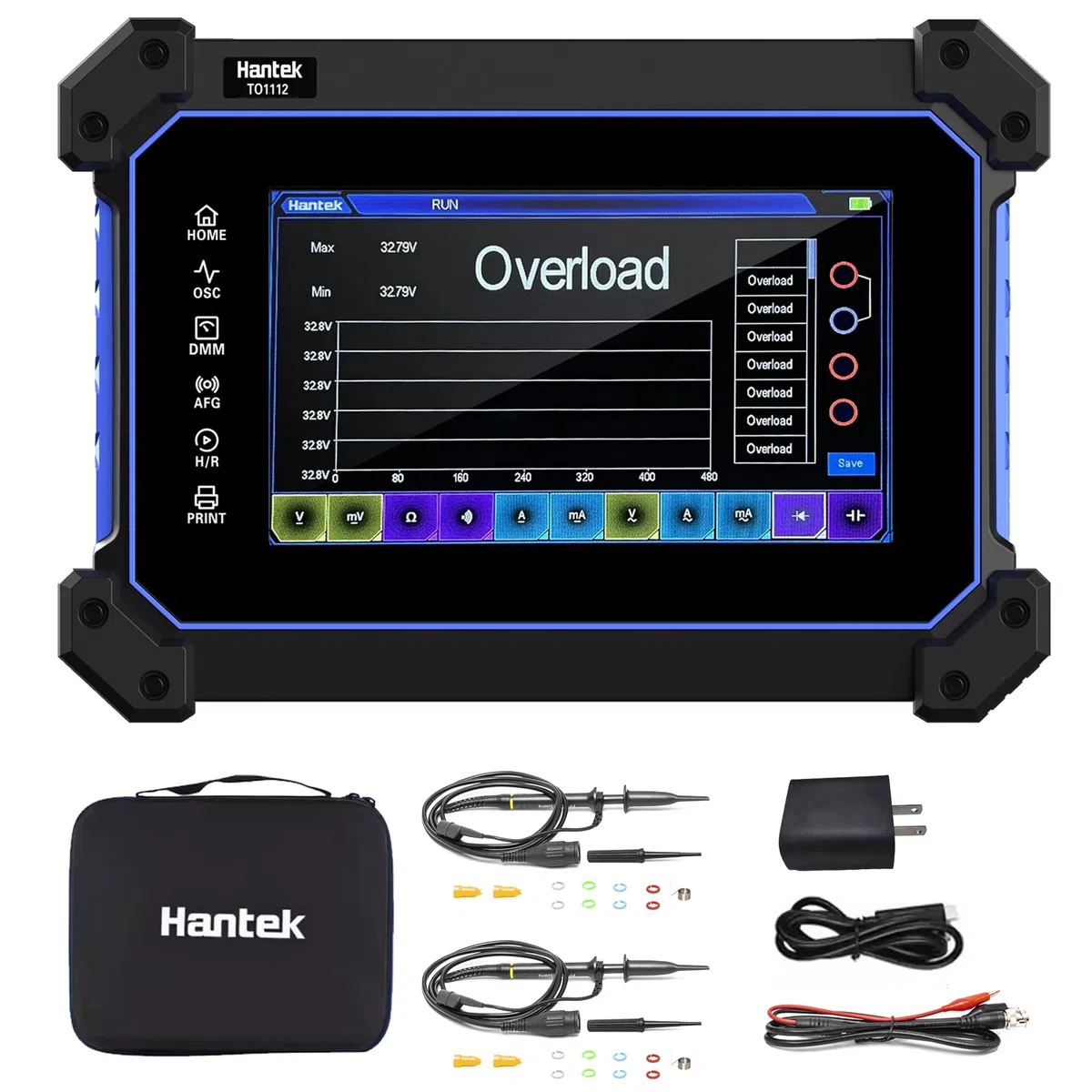 Hantek Oscilloscopio per tablet, 110 MHz, larghezza di banda 250 MSa/S, 8 m, profondità di archiviazione con touch screen da 7 pollici (TO1112/110 MHz+2 canali)
