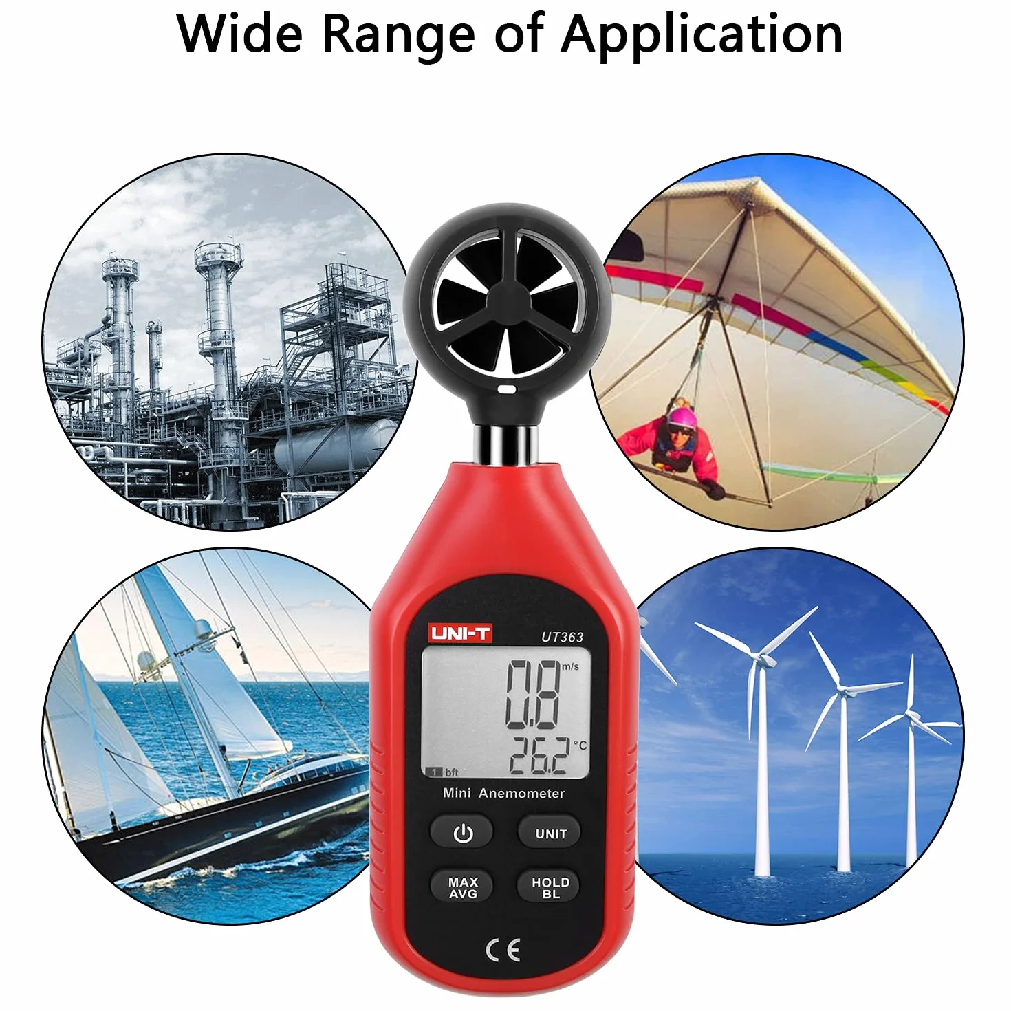 UNI-T UT363 Digitale LCD Anemometro Misuratore Velocità Vento 0-30m/s Temperatura C/F