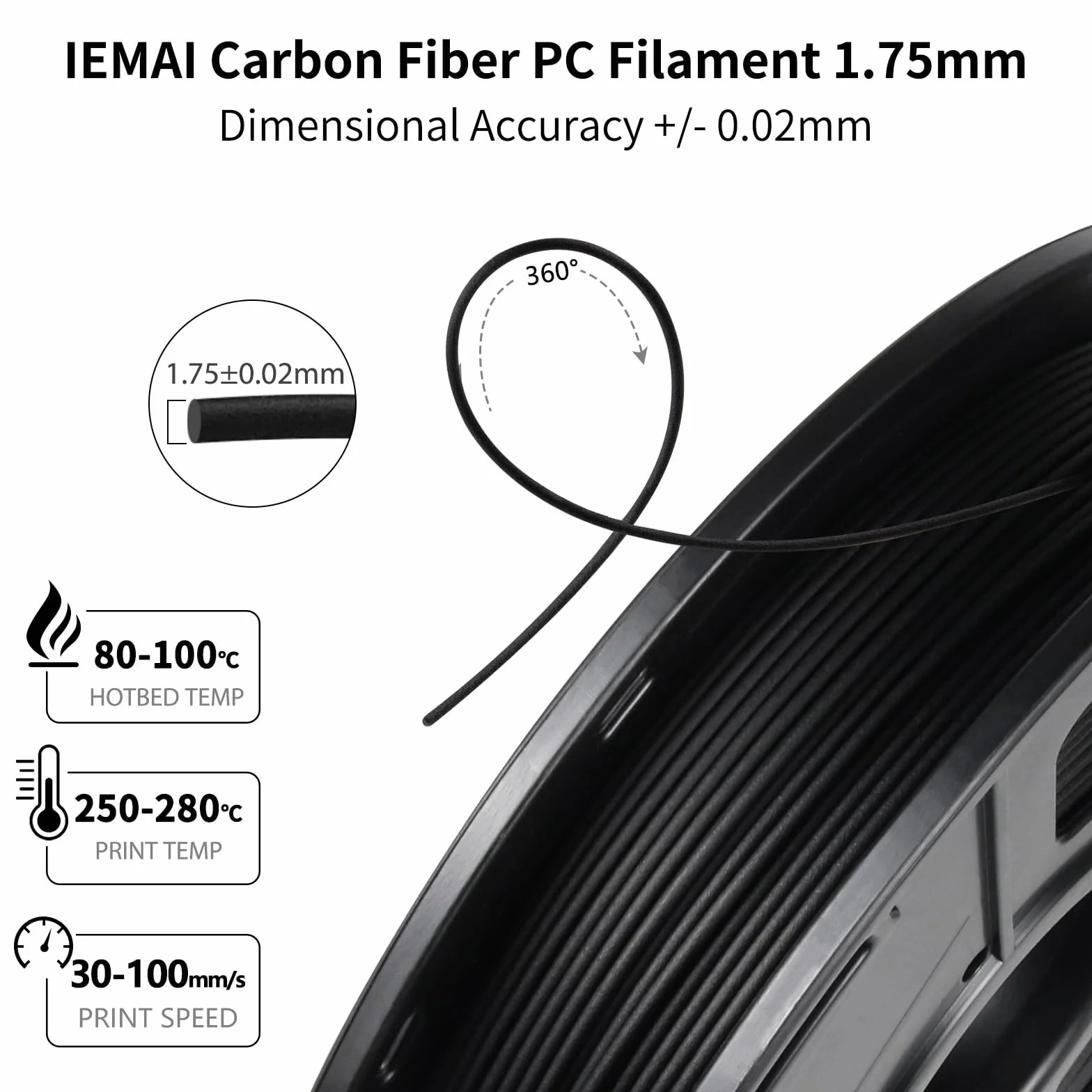 IEMAI Policarbonato Fibra Carbonio Filamento 1.75mm 0.5KG PC CF per Stampante 3D Precisione Dimensionale +/- 0.02mm