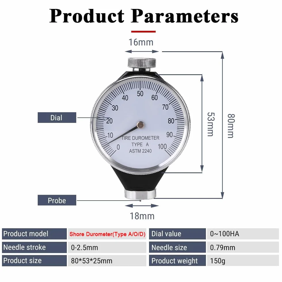 Durometro Shore Type A/O/D Portatile Tester di Durezza per Gomma e Plastica 0-100HA