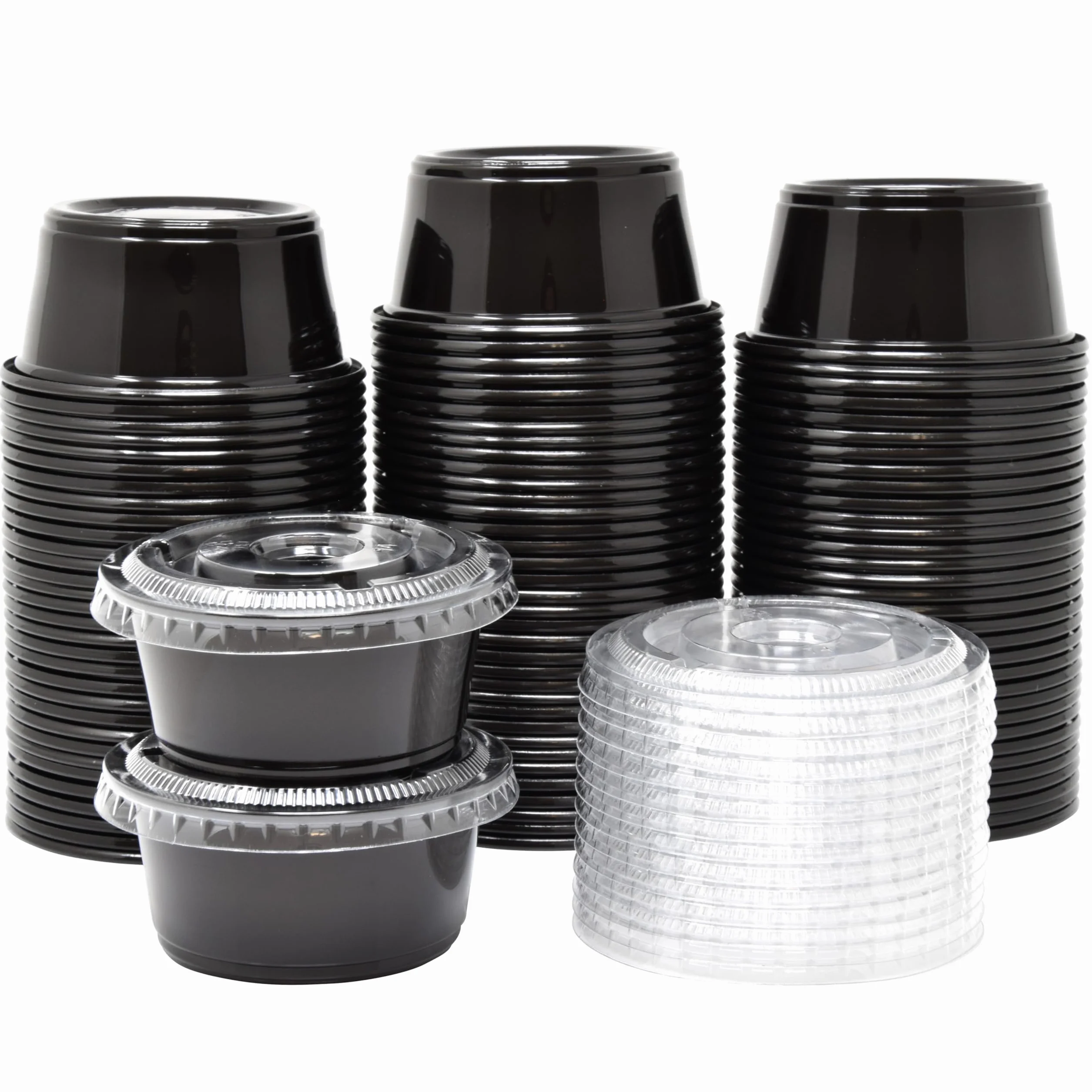 Set da 100 bicchierini da 92 ml, contenitori per condimenti in plastica nera con coperchio