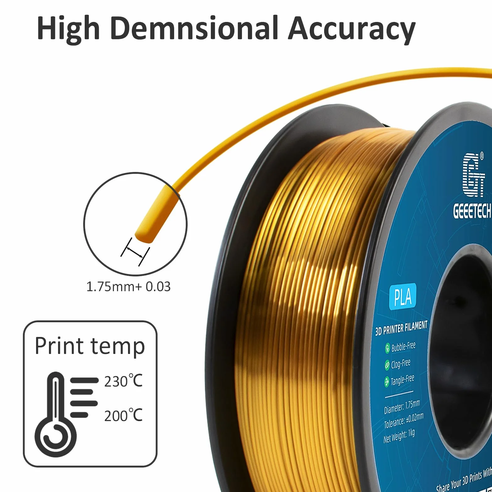 GEEETECH Filamento PLA 1.75 mm Silk Gold 1kg Spool