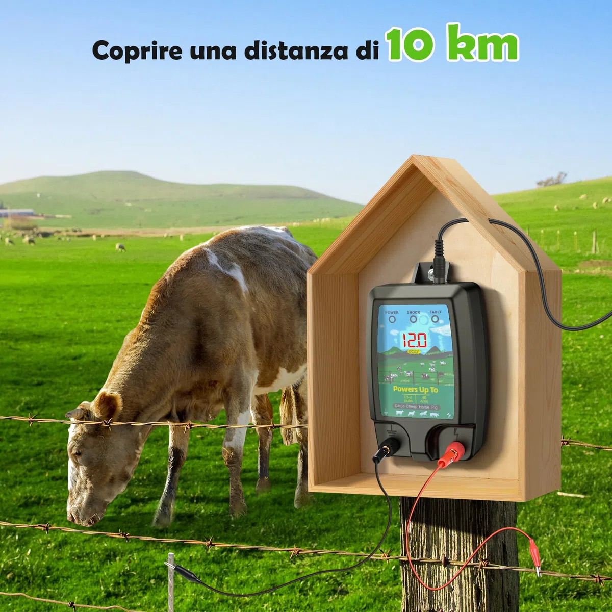 10KM Recinto Elettrico per Animali, Potente Elettrificatore per Recinzione Elettrica da 2 J con display LCD, Recinzione Elettrica Impermeabile IP44 ad Alta Potenza per Fattoria, Giardino, Pascolo