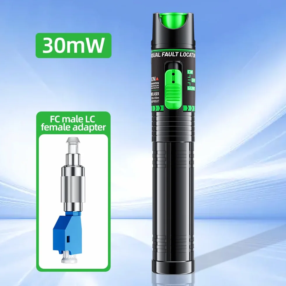 30 mW Visual Fault Locator ricaricabile con spina universale da 2,5 mm, FC/SC/SF, adattatore FC a presa LC, 30-50 km VFL penna a luce rossa cavo in fibra ottica tester metro