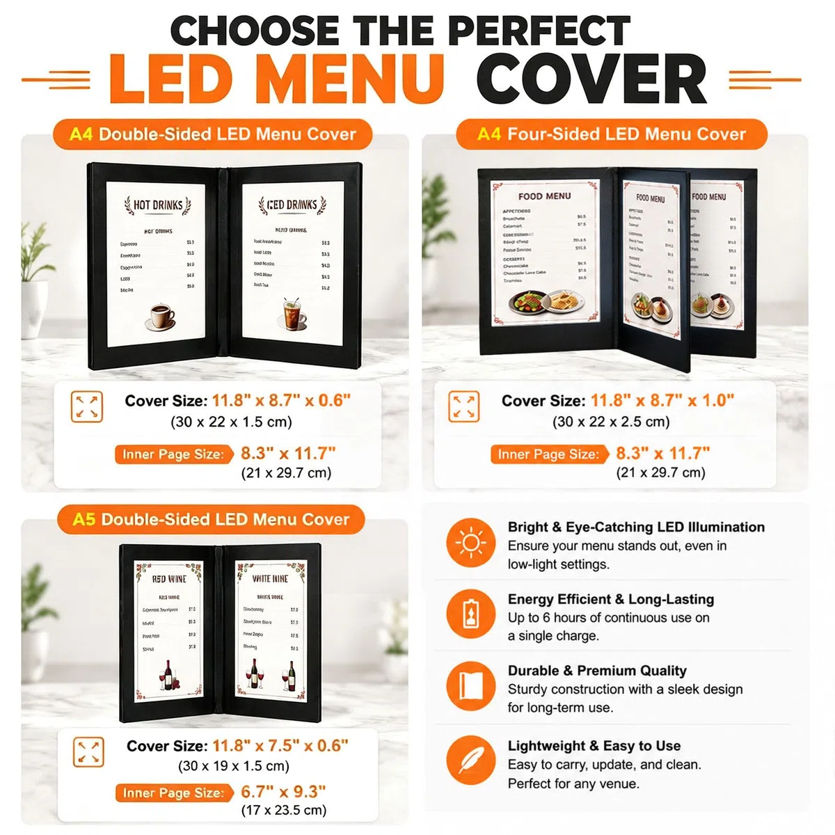 Soporte Menú LED A4 Cuatro Caras, Porta Carta Luminoso Recargable para Negocios de Hostelería A4FourSide2Pack