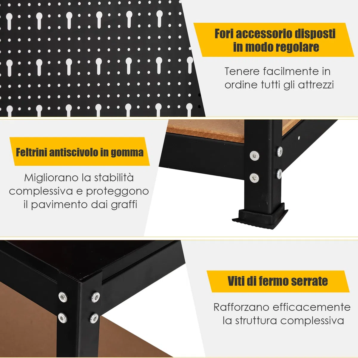 COSTWAY Banco da Lavoro, in Metallo e MDF, con 3 Ripiani, 13 Accessori da Appendere, 80,5 x 41x 155cm, per Garage, Casa, Officina e Magazzino
