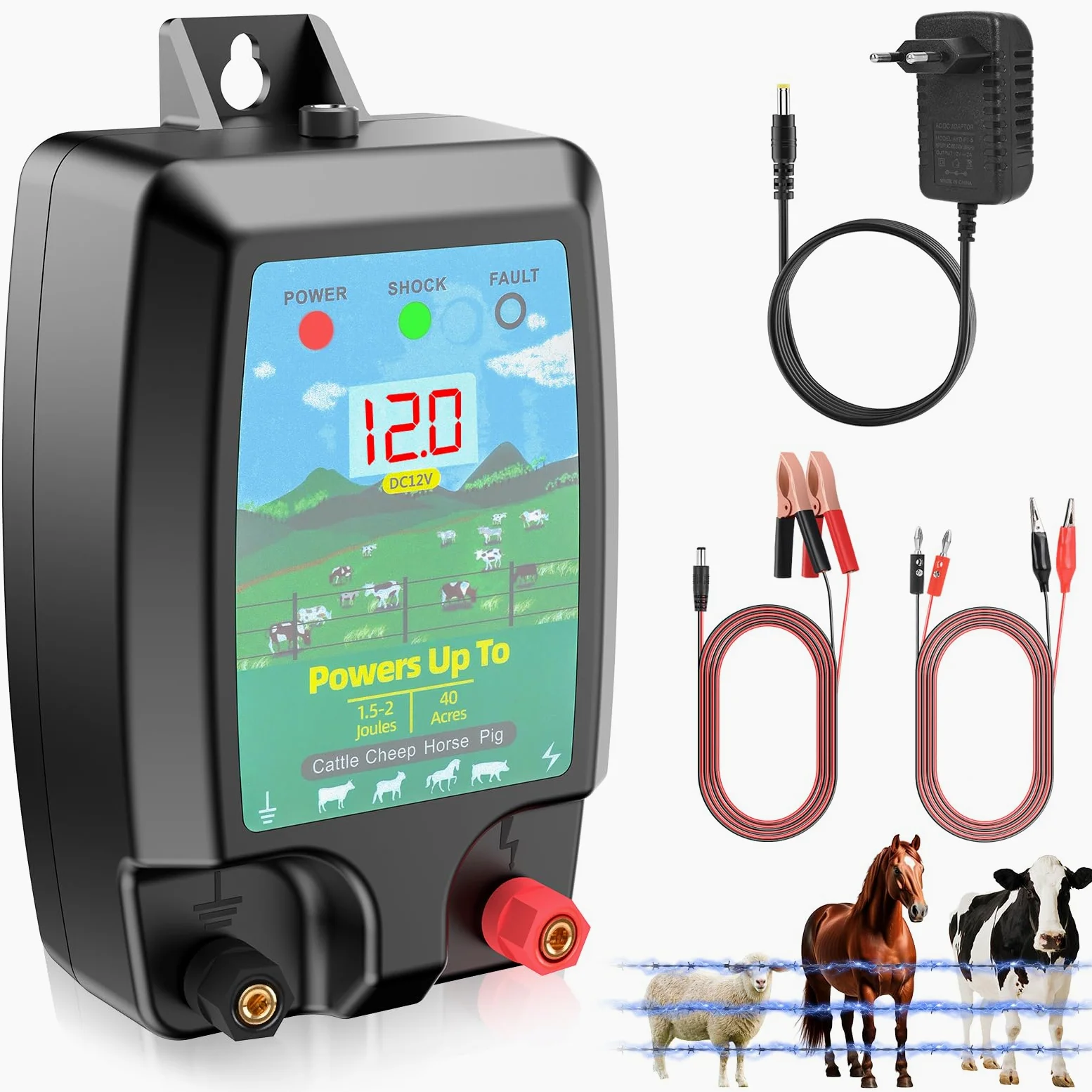 10KM Recinto Elettrico per Animali, Potente Elettrificatore per Recinzione Elettrica da 2 J con display LCD, Recinzione Elettrica Impermeabile IP44 ad Alta Potenza per Fattoria, Giardino, Pascolo