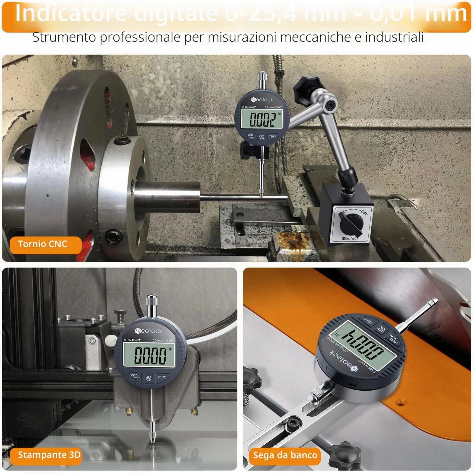 Neoteck DTI LCD Comparatore Centesimale Digitale 0.01/0.0005'' Indicatore Digitale Calibro di Precisione 0-25.4mm/1'' Comparatore Elettronico Pollice/Metrica Professionale