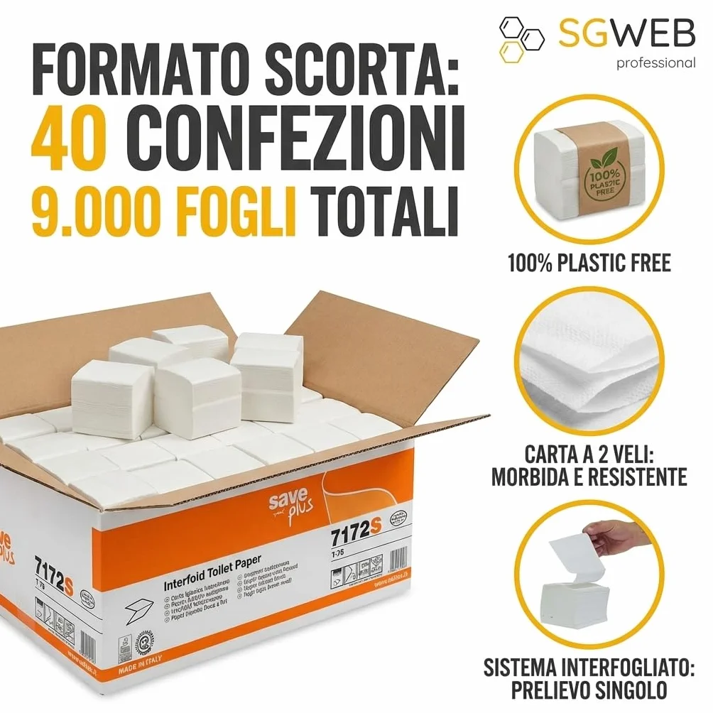 Carta Igienica Interfogliata 9000 Pezzi 2 Veli Pura Cellulosa per Dispenser Idrosolubile Eco-Friendly