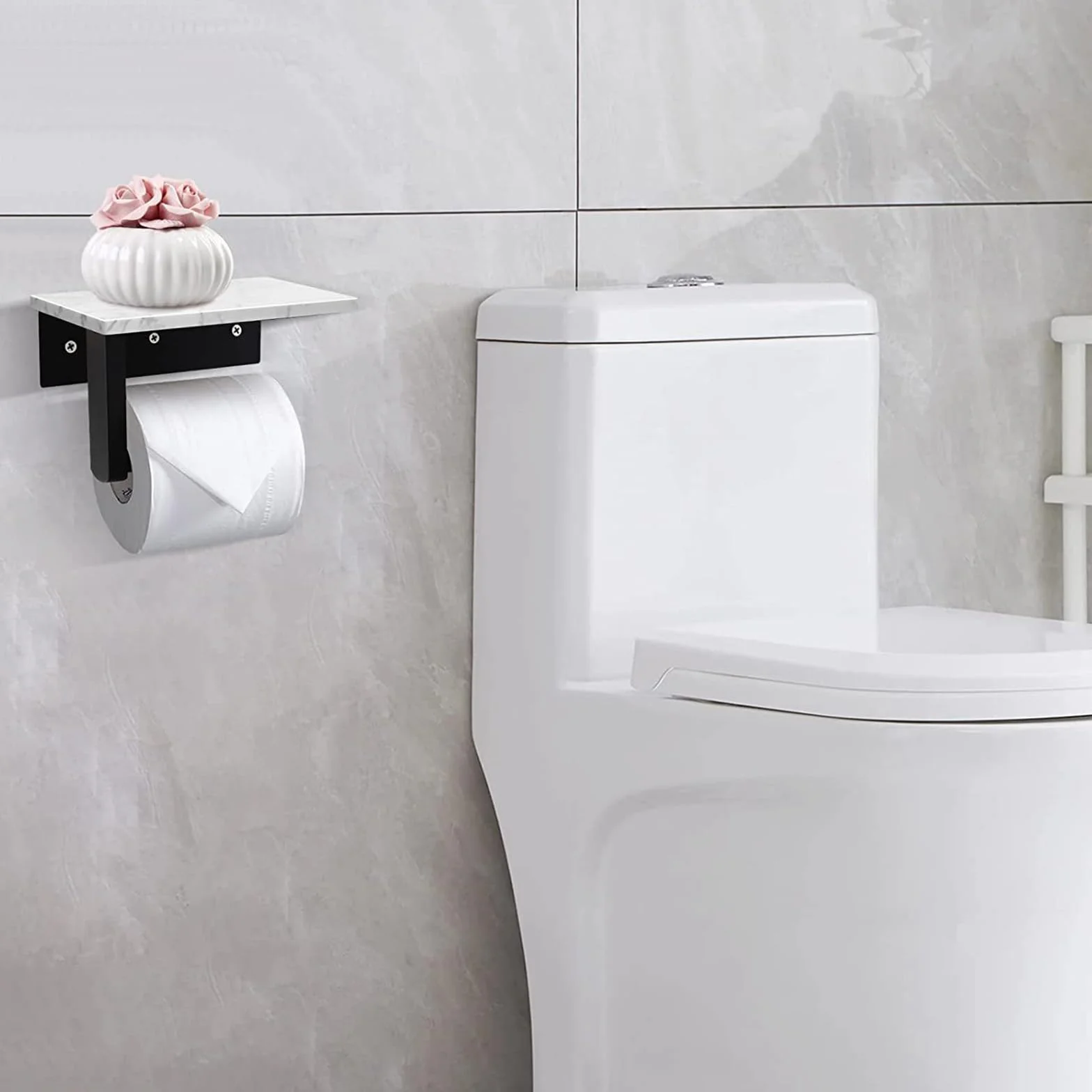 Porta carta igienica in acciaio inox con ripiano in marmo 17 x 9,9 cm per bagno