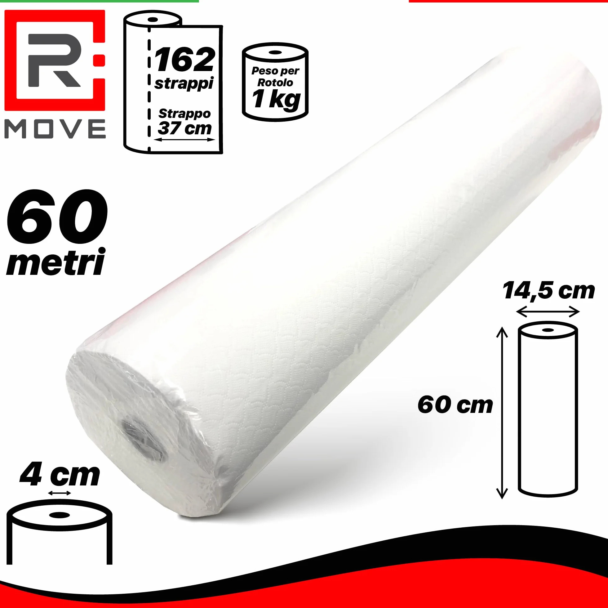 R MOVE 6 Rotoli carta lettino massaggio 60 cm, lenzuolino medico 2 veli pura cellulosa, rotoli per estetista